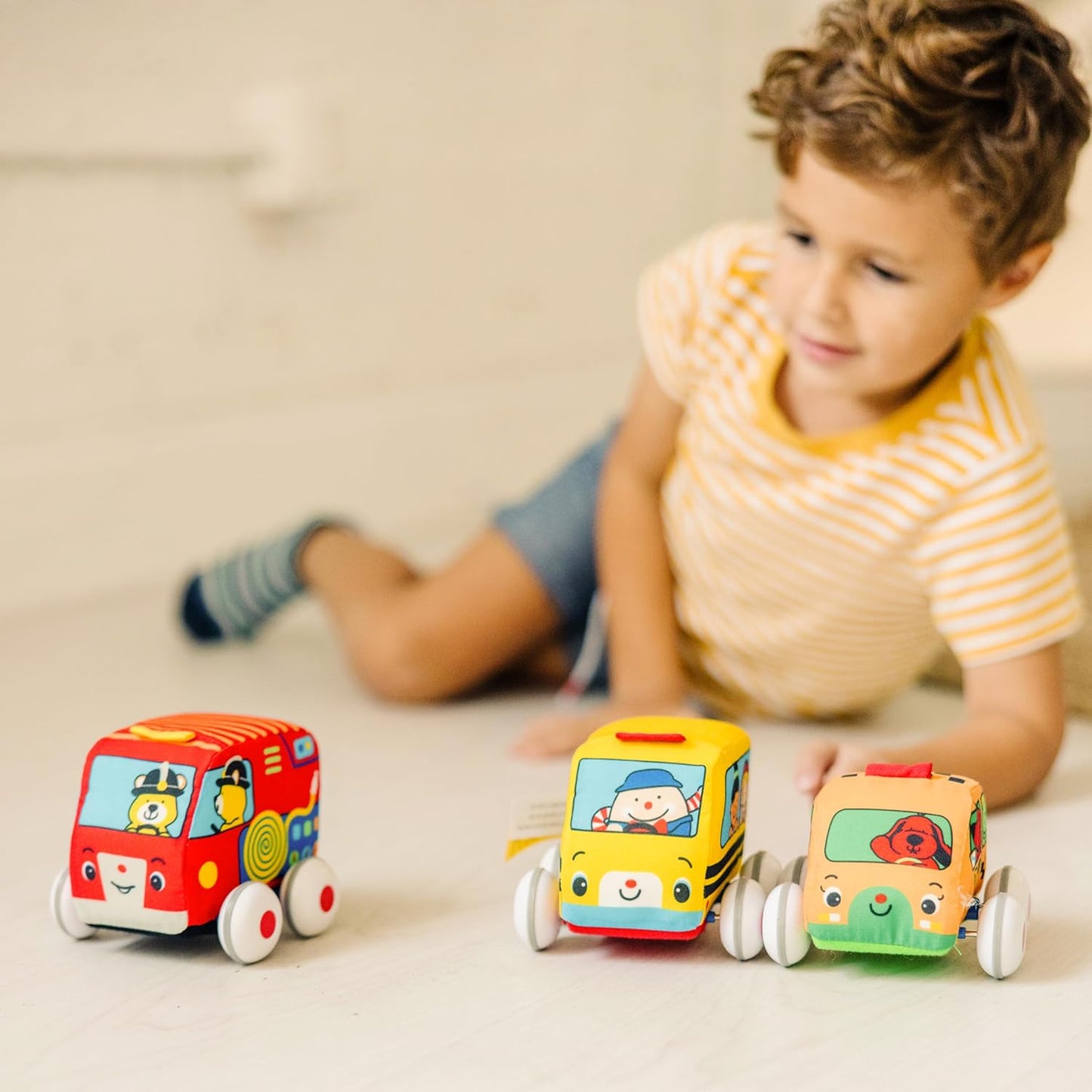 HotMelissa & Doug K's Kids Pull-Back Town Vehicle Set - Baby Toys Set with 4 Soft Toy Cars and Trucks, Surface Washable with Removable Wheels, Learning Toys for Babies and Toddlers