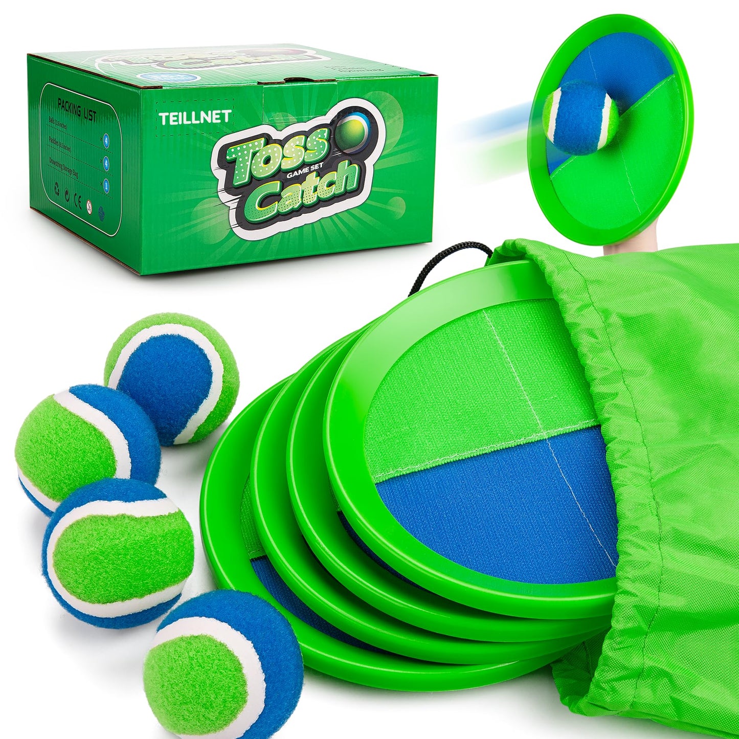 Hot TEILLNET Toss and Catch Ball Set Upgraded - Kids Toys Beach Toys Baseball Games - Sturdy & Water-Resistant for Outdoor Pool Yard Games - Classic Gift for Boys Girls 3 4 5 6 7 8 9 10 11 12+ Years