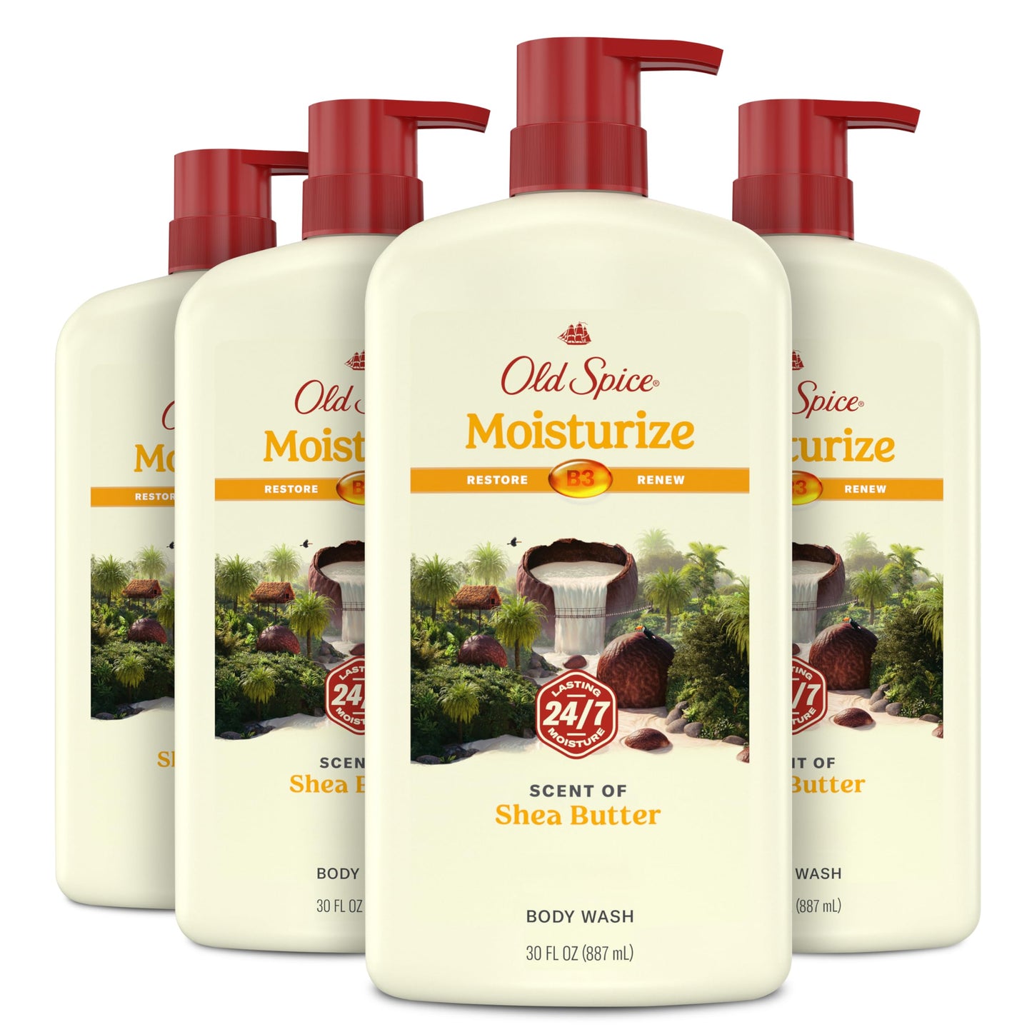 HotOld Spice Body Wash for Men, 24/7 Shower Fresh with Lasting Scent, Cleanse & Refresh, Gentle on Skin, Vitamin B3, Fiji with Palm Tree + Coconut Scent, 25 oz (Pack of 4)