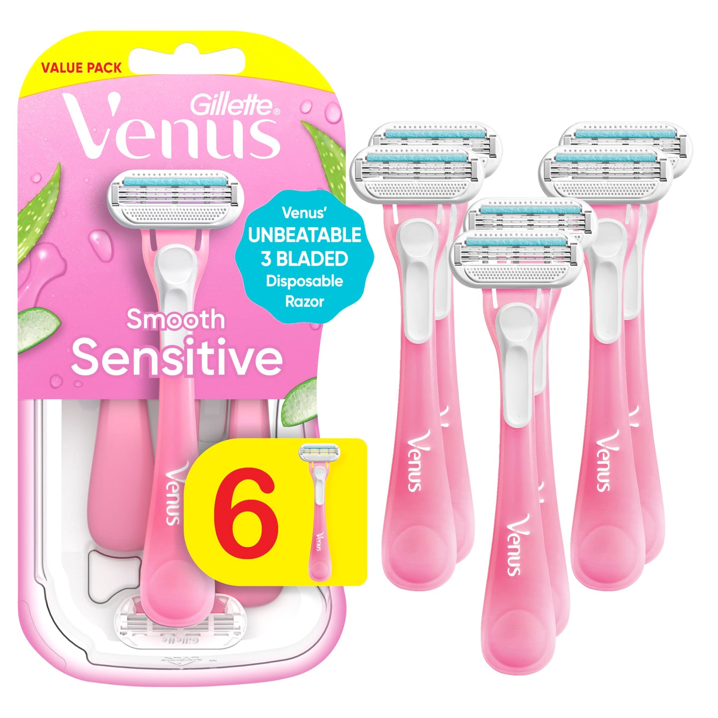 HotGillette Venus Sensitive Disposable Razors for Women with Sensitive Skin, 6 Count, Delivers Close Shave with Comfort