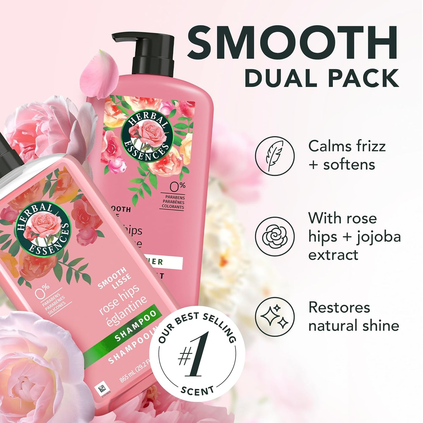 HotHerbal Essences Shampoo & Conditioner Set, Rose Hips - Smooth Collection, Paraben-Free, Color-Safe, Shiny Hair with Jojoba & Vitamin E, 29.2 Fl Oz Each, 2-Pack
