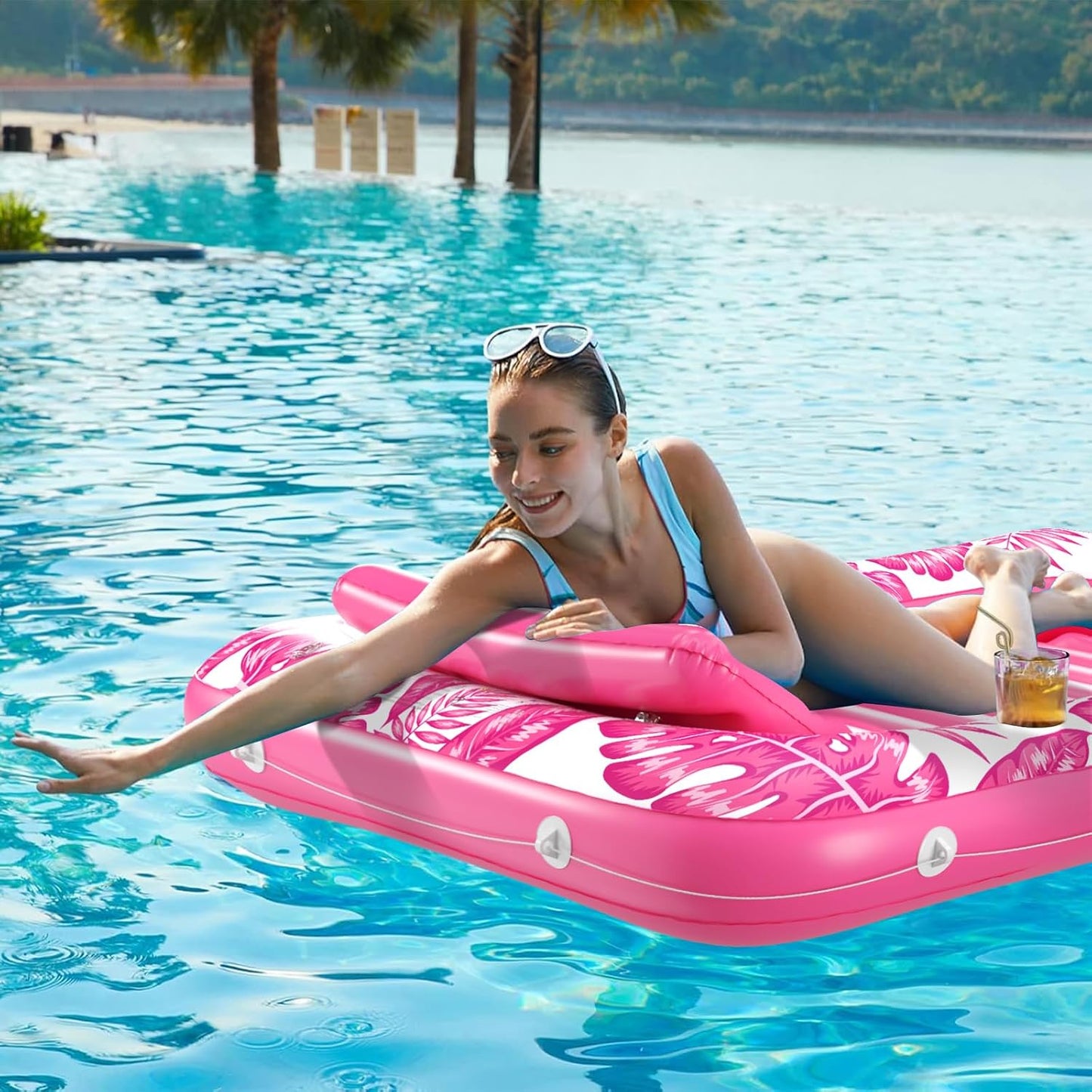Hot Inflatable Tanning Pool Lounger Float - Jasonwell 4 in 1 Sun Tan Tub Sunbathing Pool Lounge Raft Floatie Toys Water Filled Tanning Bed Mat Pad for Adult Blow Up Kiddie Pools Kids Ball Pit (Rose,L)