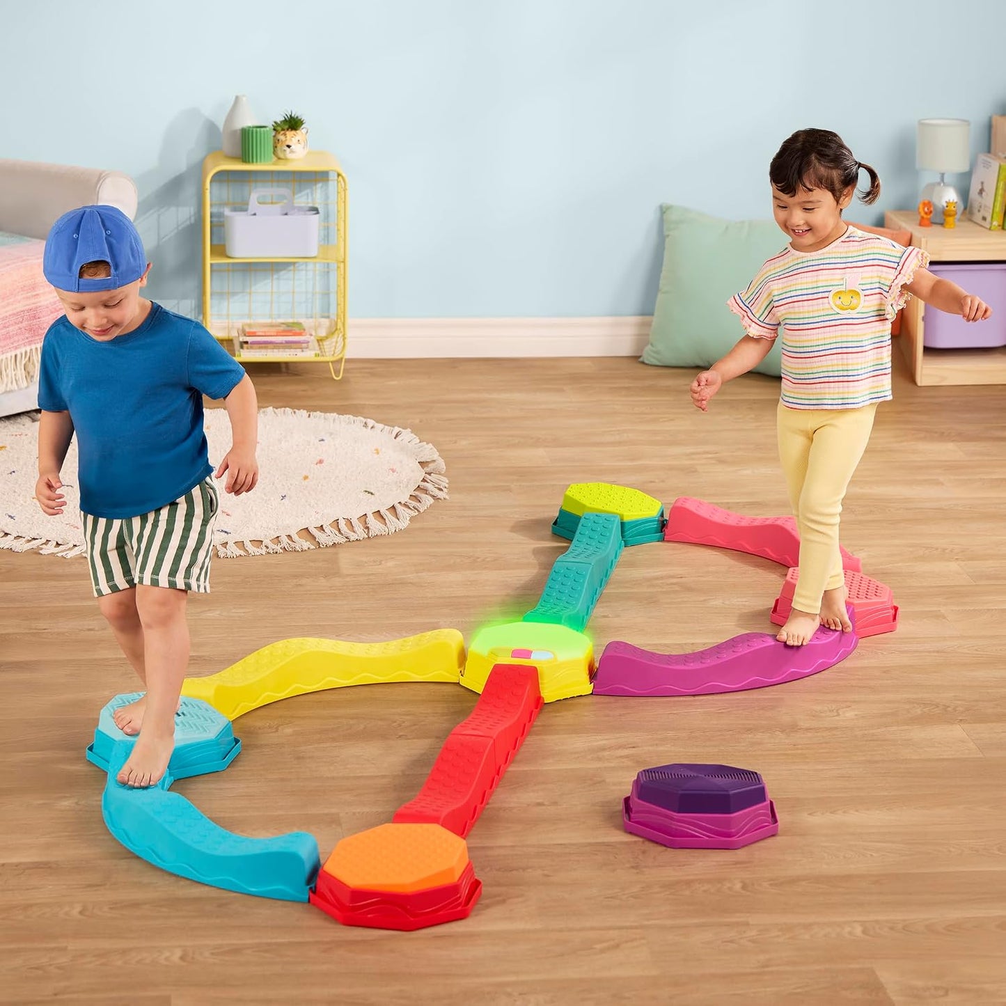 HotB. toys Balance Beam Set, Musical Wavy Beams & Sensory Stones, Summer | Balance & Groove Set with 8 wavy beams, 5 sensory stones, and 1 musical stepping stone for indoor or outdoor play, 3+ Years
