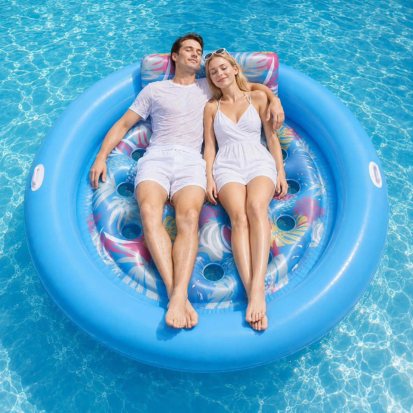 Hot Pool Floats Adult Heavy Duty, OKSUWATER 75" x 75" Giant Inflatable Pool Float with Removable Pillow & Handles, Tanning Pool Lounger Floaties Bed for Swimming Pool Beach Outdoor Summer Party (Blue-XL)