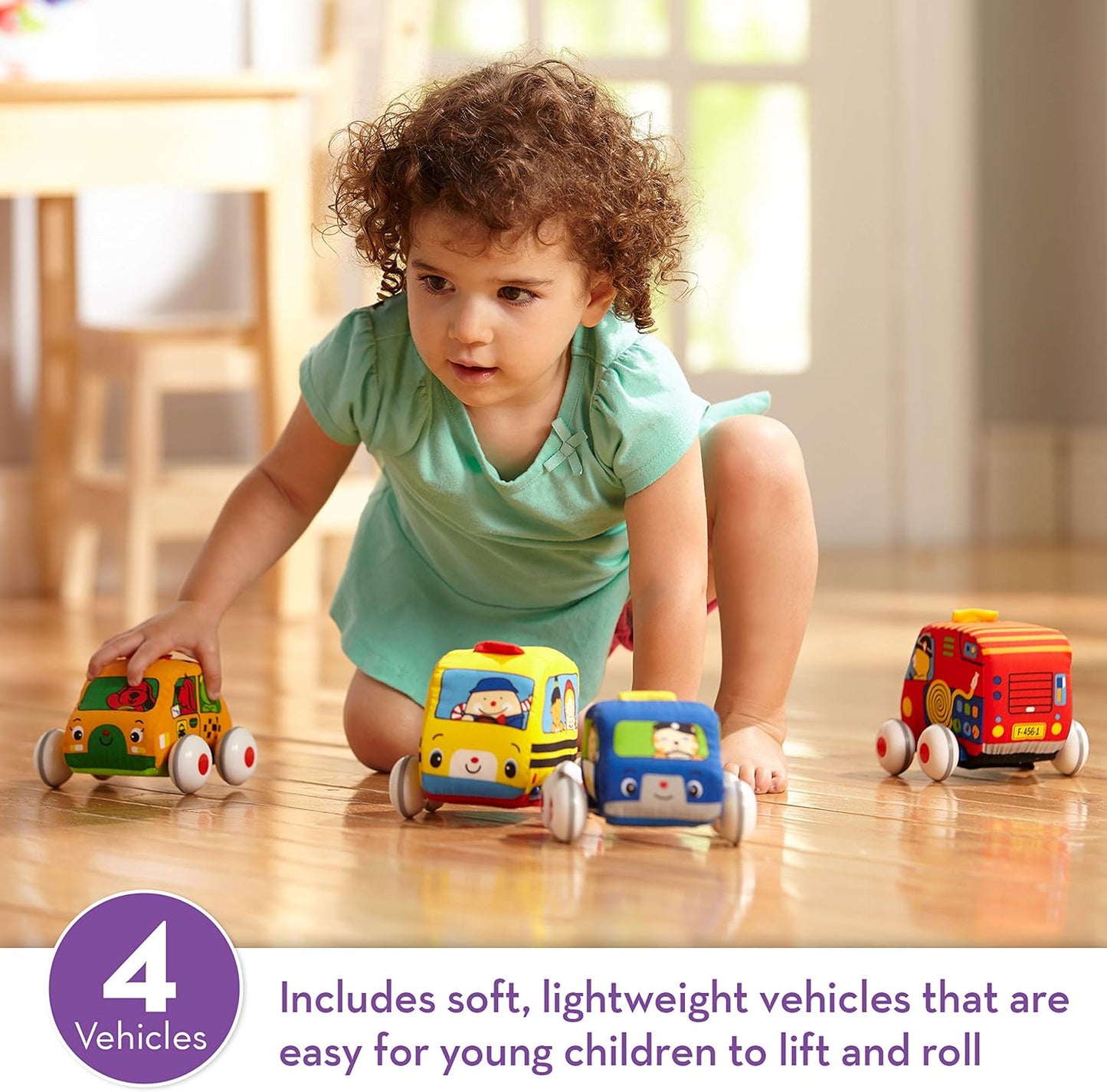 HotMelissa & Doug K's Kids Pull-Back Town Vehicle Set - Baby Toys Set with 4 Soft Toy Cars and Trucks, Surface Washable with Removable Wheels, Learning Toys for Babies and Toddlers
