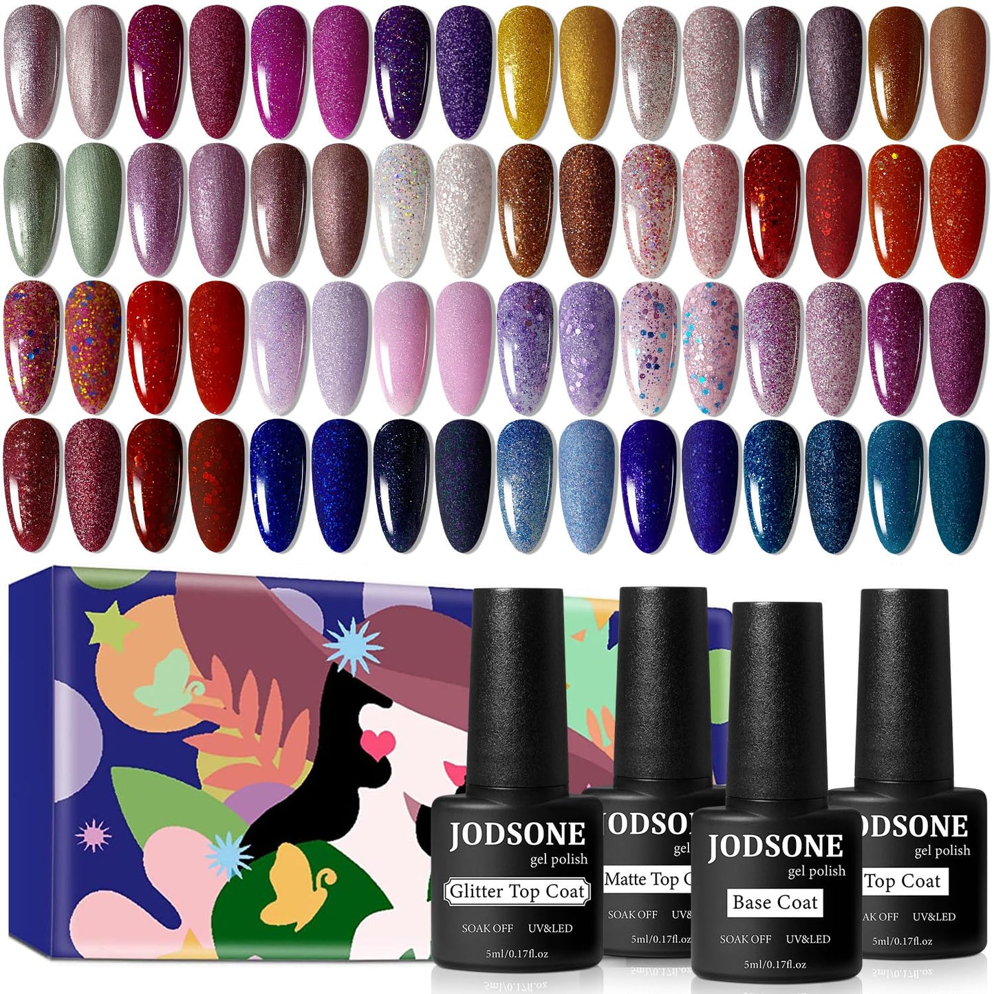 HotJODSONE 36 PCS Gel Nail Polish Set-32 Colors Gel Polish Kit Base Coat Glossy Matte and Glitter Top Coat Nail Polish Set Green Blue Red Pink Collection Gifts for Women