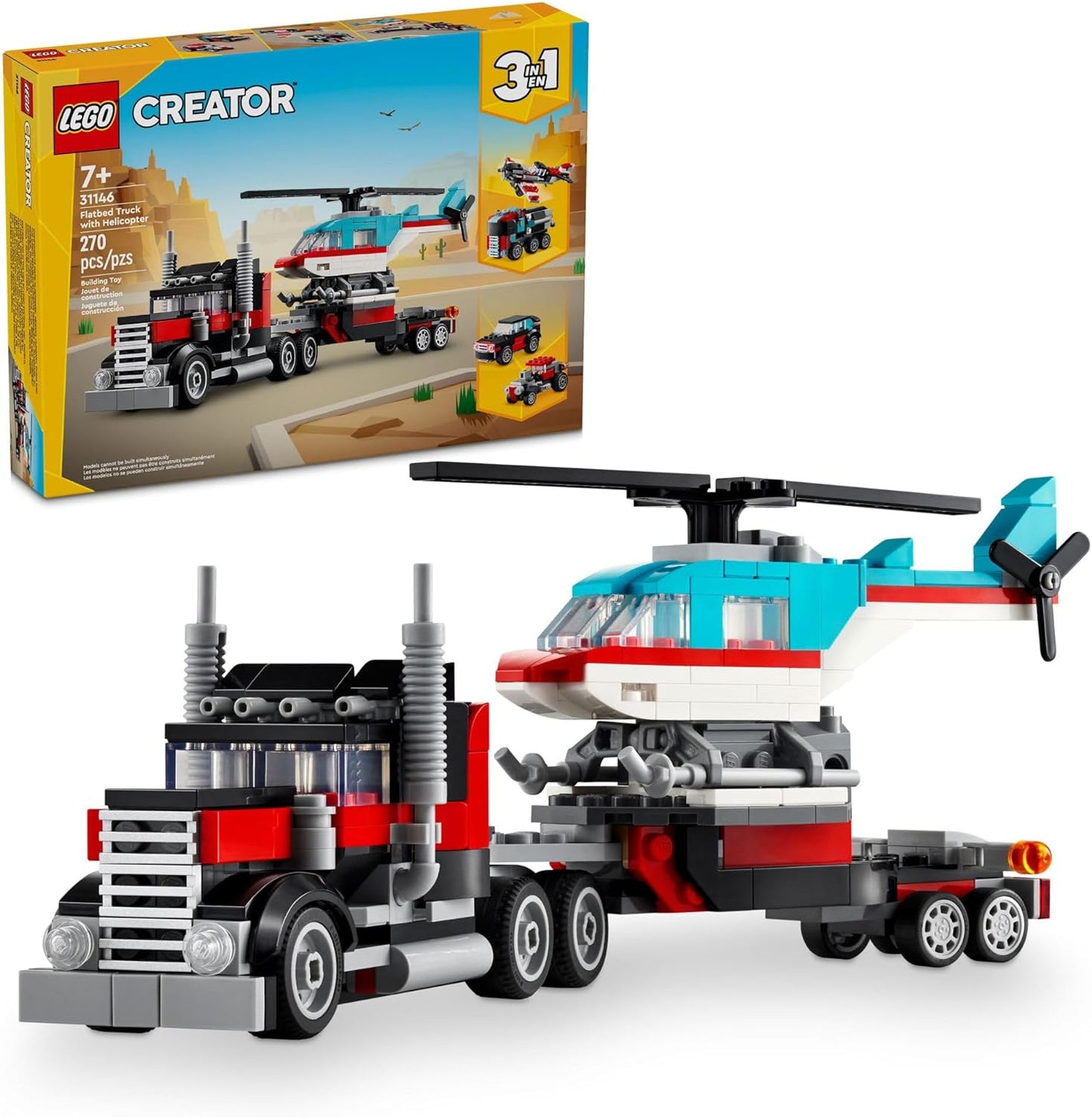 HotLEGO Creator 3 in 1 Flatbed Truck with Helicopter Toy, Transforms from Flatbed Truck Toy to Propeller Plane to Hot Rod and SUV Cars, Gift Idea for Boys and Girls Ages 7 Years Old and Up, 31146