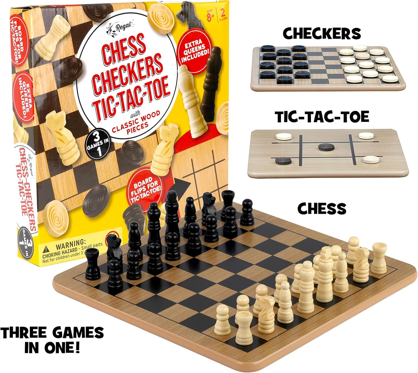 HotRegal Games - Reversible Wooden Board for Chess, Checkers & Tic-Tac-Toe - 24 Interlocking Wooden Checkers and 32 Standard Chess Pieces - for Age 8 to Adult for Family Fun