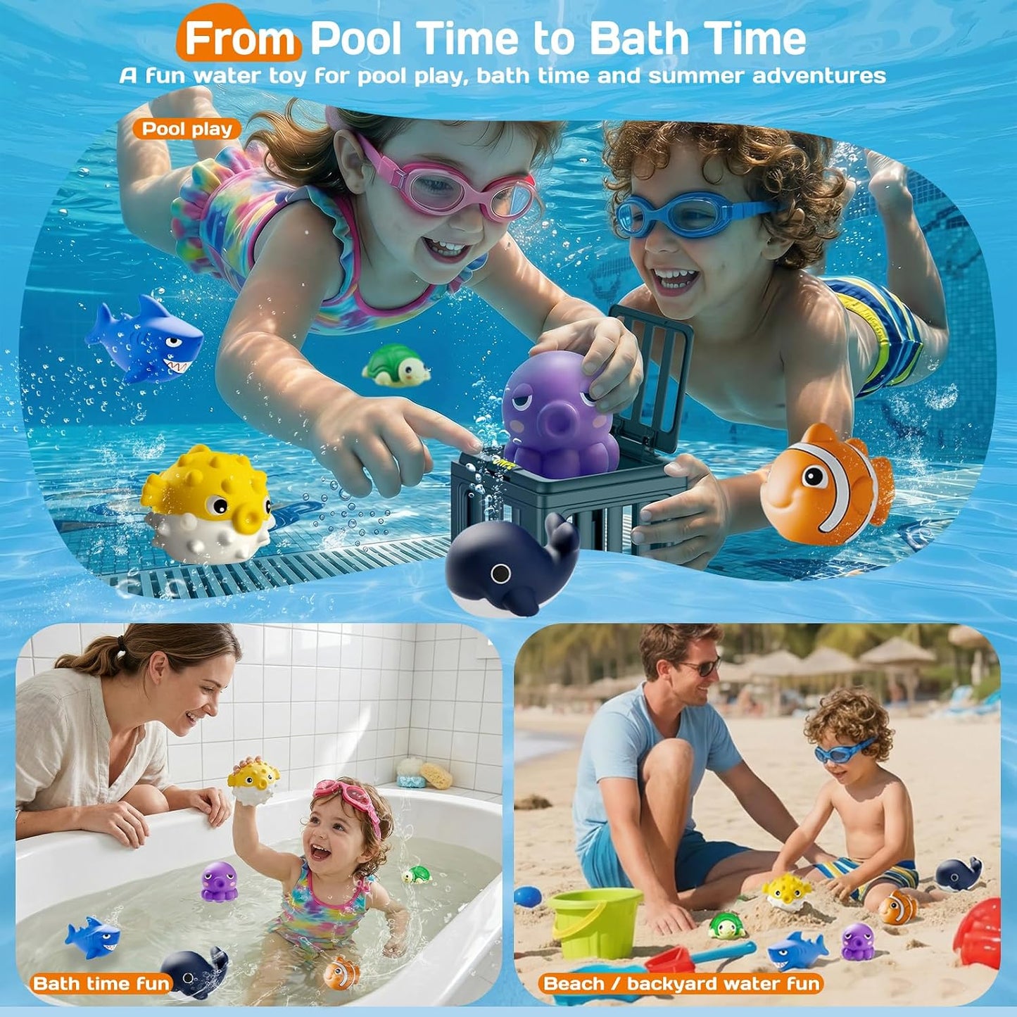 HotTikduck Pool Diving Toys for Kids, Underwater Swim Game Set with 6 Floating Sea Animals & 6 Dive Cages, Summer Water Toys for Pool, Bath & Beach Play, Birthday Gift for Boys Girls Ages 3-12