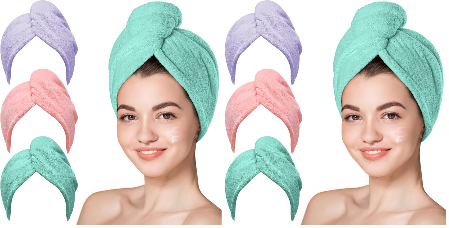 HotHicober Microfiber Hair Towel Wrap, Fast Drying Hair Towels for Women, Soft Lightweight Quick Dry Turban for Curly & Long Hair–3 Pack(Blue/Grey/Pink)