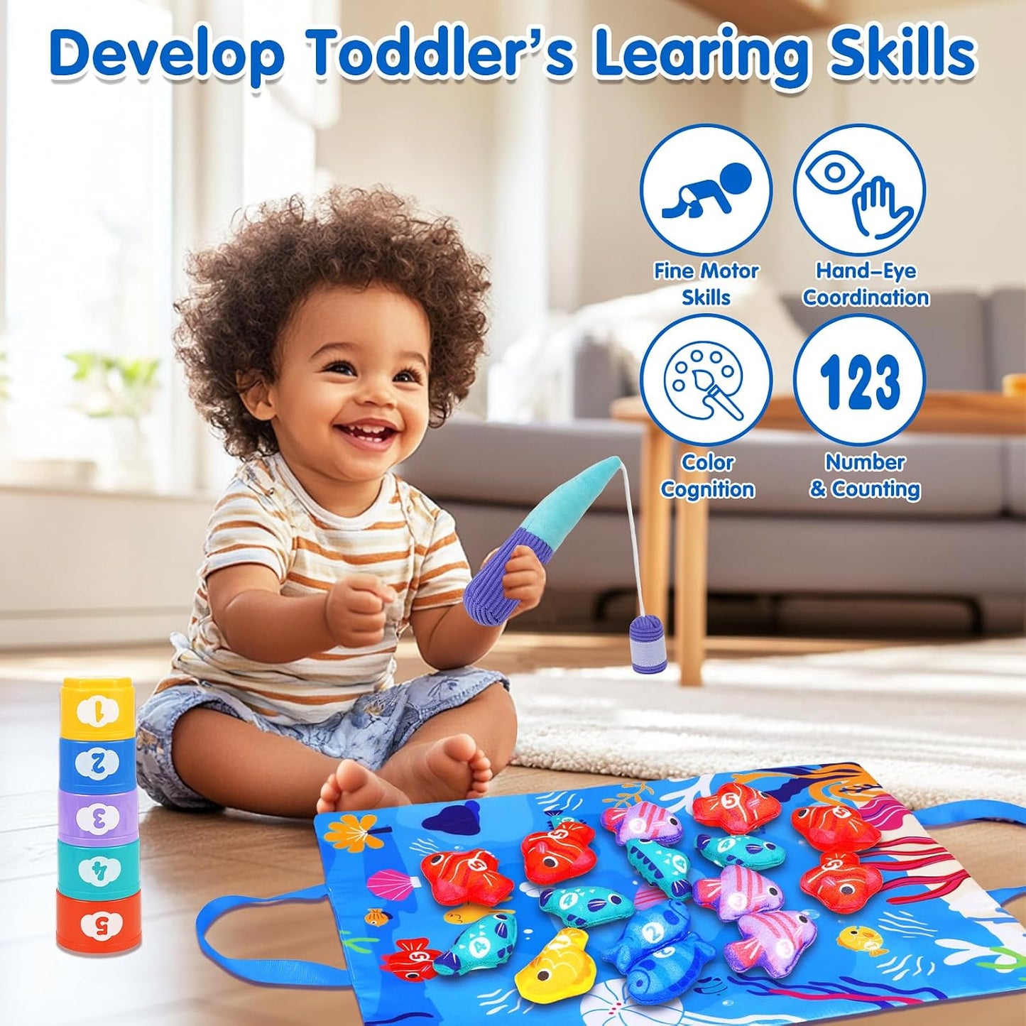Hot Arovan Montessori Toys for 1 Year Old - Cloth Fishing Game with Stacking Cups Toddler Toys for One Year Old Boy Girl First Birthday Gift - Sorting Learning Baby Toy 12-18 Months 1 2 Year Old