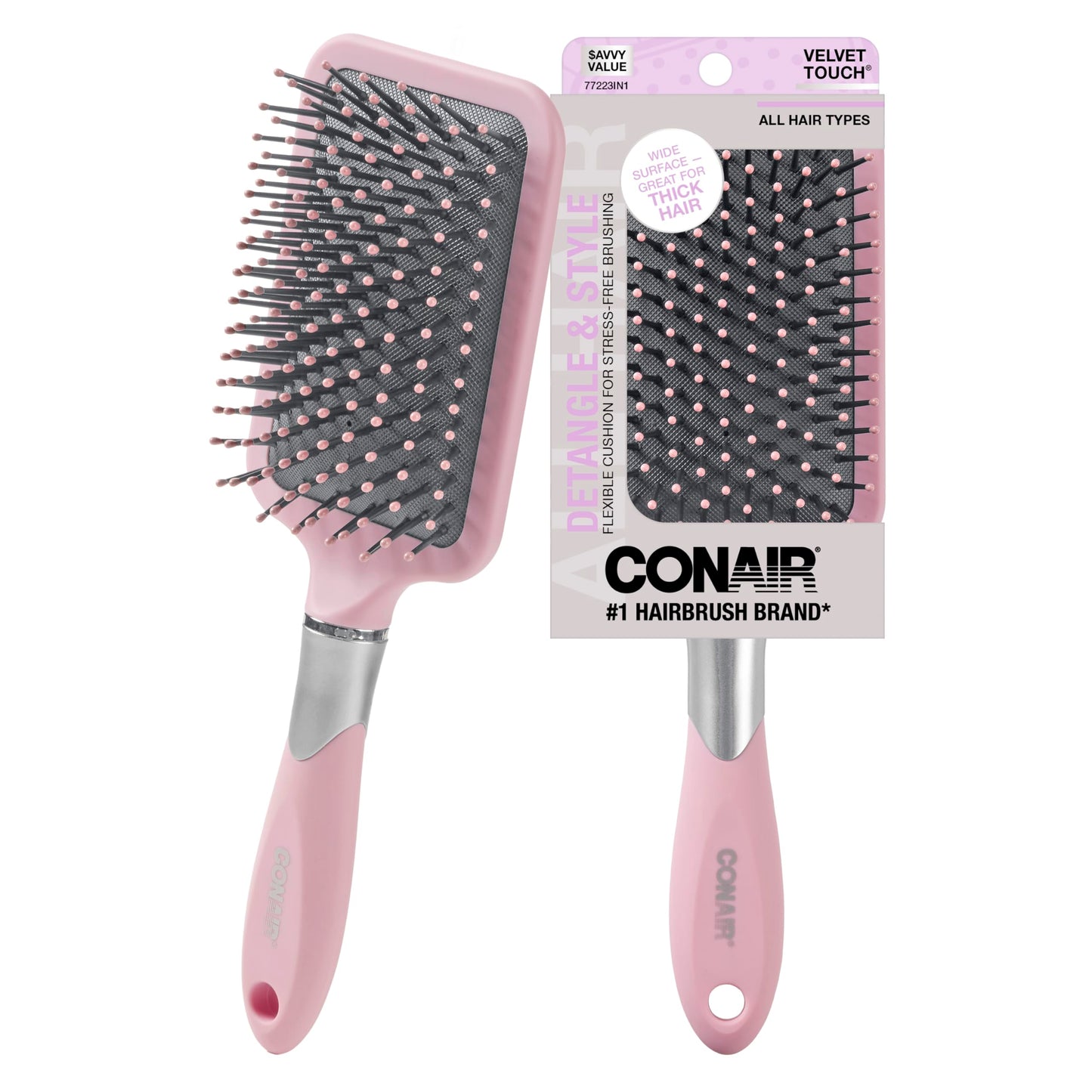 HotConair Paddle Hair Brush, Ultra Wide Detangling Design for Thick Hair | Paddle detangler brush with ball-tipped bristles, a soft-touch handle, and a flexible cushion base for stress-free brushing
