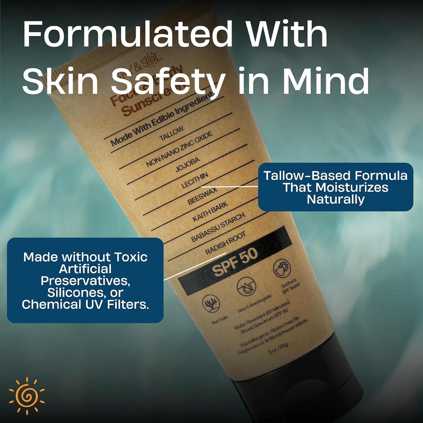 HotSky and Sol Mineral Sunscreen SPF 50 | With Grass-Fed Tallow & Zinc Oxide | Non-Greasy Formula for Face & Body | Made Without Reef-Harming UV Filters | 3 oz (85 g)