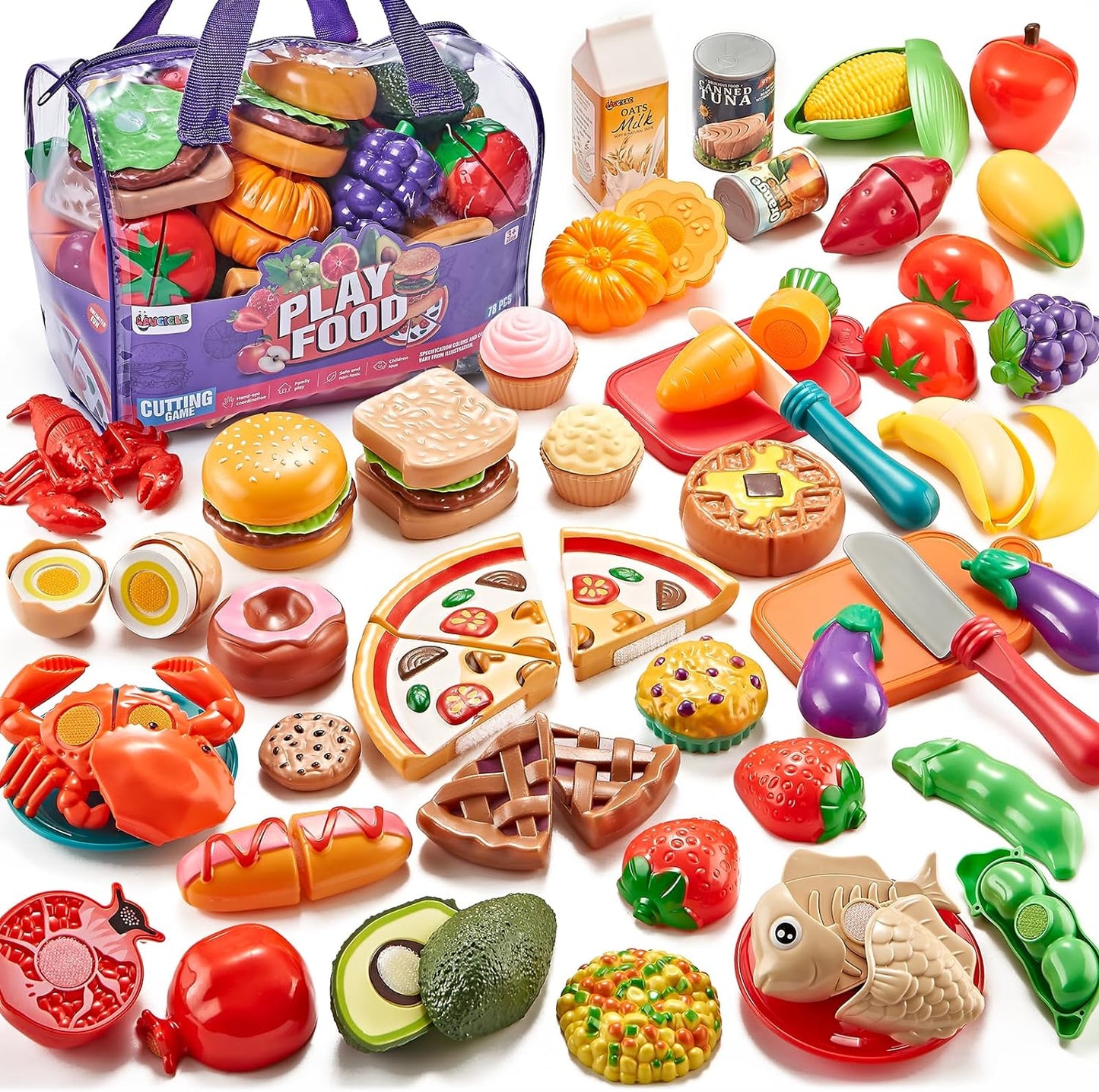 HotLAUGIGLE Pretend Play Food for Kids Kitchen, 78Pc Cutting Toy Food with Storage Bag