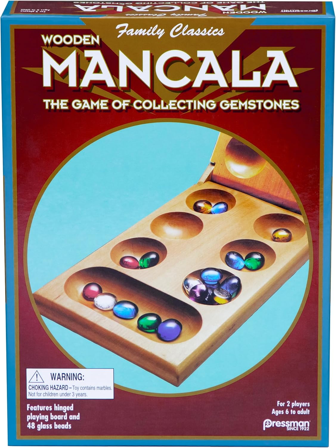 Hot Pressman Mancala Board Game | Fun Classic Table for Adults & Kids | Includes 48 Glass Mancala Stones and Wood Hinged Playing Board | 2 Players, Ages 6+