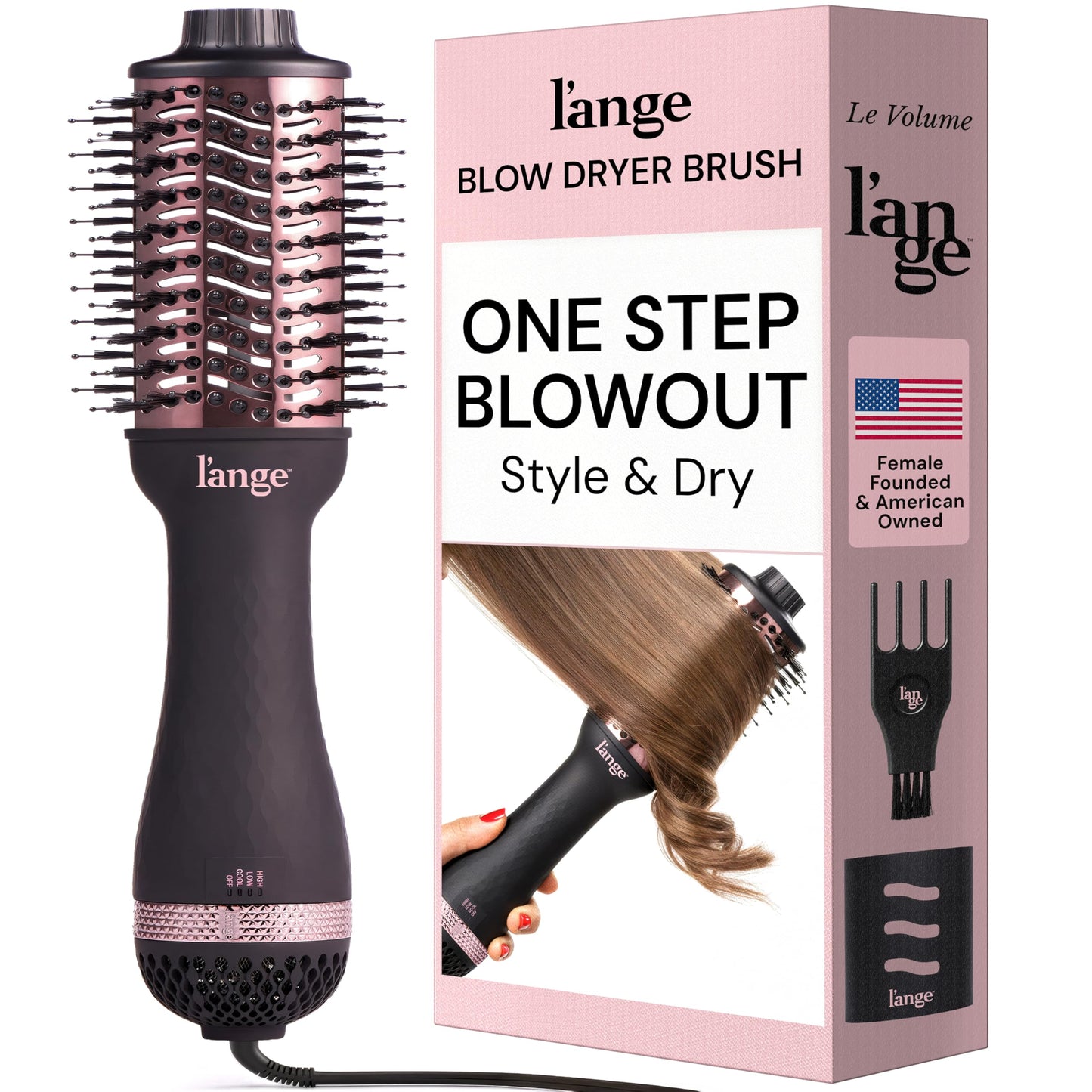 HotL'ANGE HAIR Le Volume 2-in-1 Titanium Blow Dryer Brush | Frizz Control Blowout Hair Dryer Brush For Drying And Straightening | Volumizing Hot Air Styler For All Hairstyles | Oval Barrel | Blush - 75mm