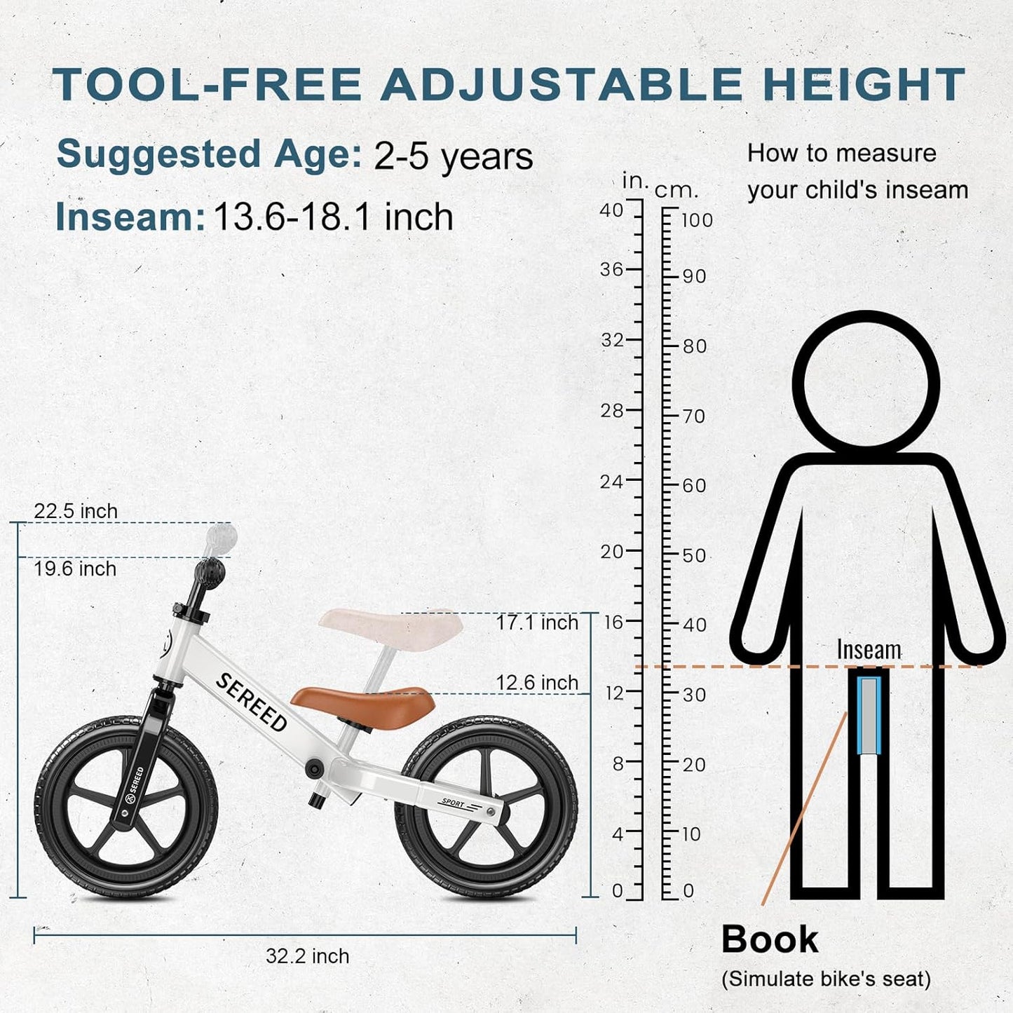 HotSEREED Toddler Balance Bike 2 Year Old, No Pedal Kids Toy Bike for 2-5 Years Old, Tool-Free Adjustment, Gift for 2-3 Boys Girls, Customize Plate with 3pcs Stickers (White)