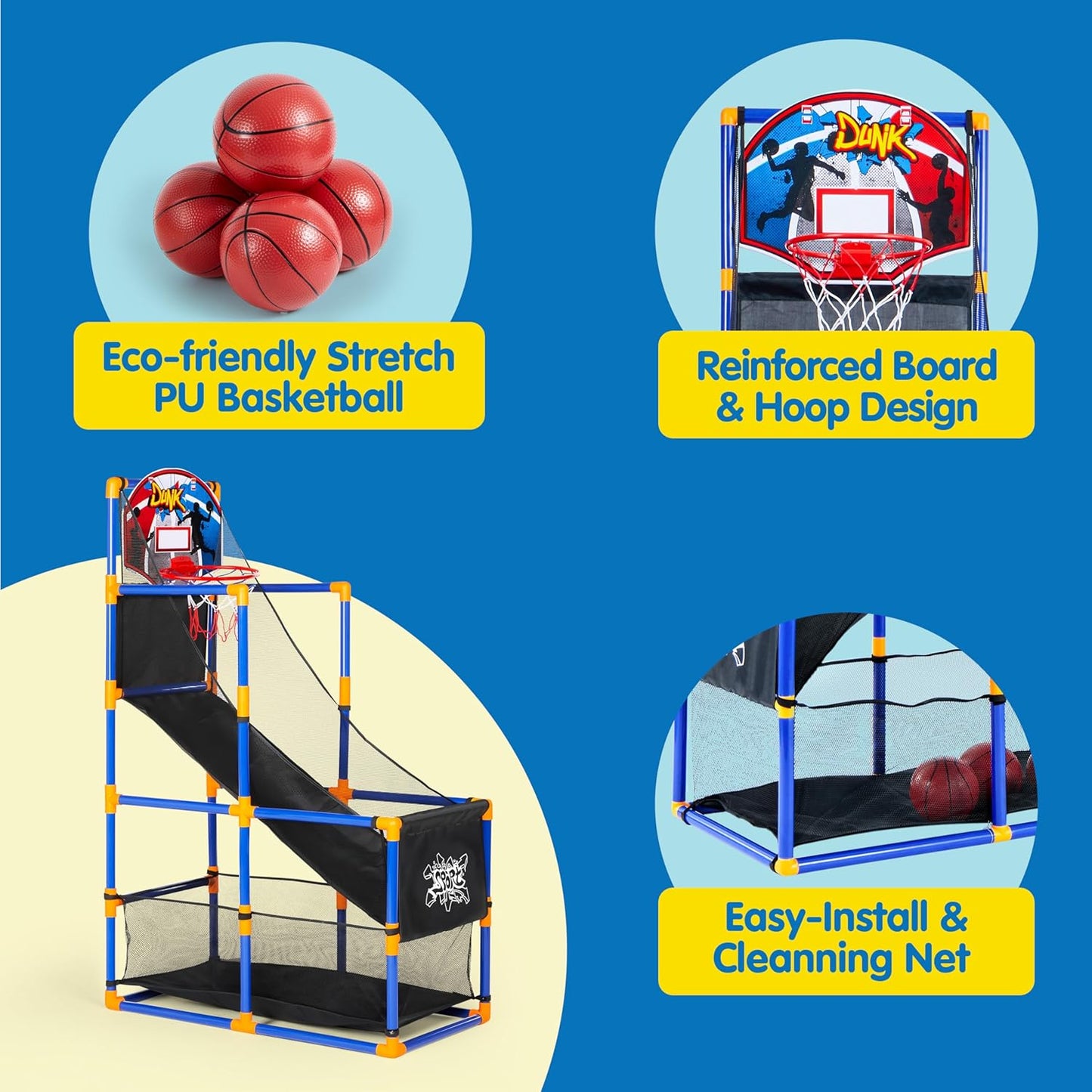 HotJOYIN Arcade Basketball Game Set with 4 Balls and Hoop for Kids 3+ Years Old Indoor Outdoor Sport Play - Easy Set Up - Air Pump Included - Ideal for Competition