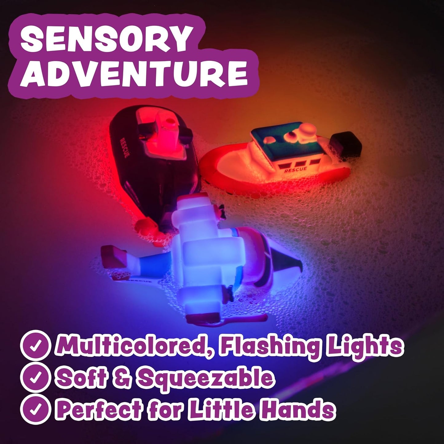 HotTub Works® Ocean Rescue™ Vehicles Light Up Bath Toys, 6 Pack | Water-Activated Light Up Toys Flash & Change Color | Easy-Grip Baby & Toddler Bath Toys | Sensory Toys with Bath Lights for Kids Bath