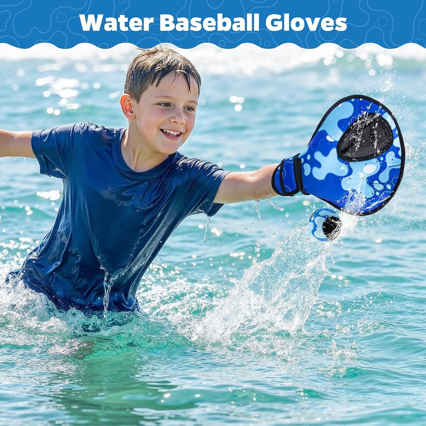 HotAyeboovi Water Baseball Gloves Bouncing Ball Set for Pool Toys Lake Beach Games,2 Baseball Style Glove for Catch Skipping Ball, Birthday Gift for Boy Girl Kid Age 8-12 & Adult Teen, Blue