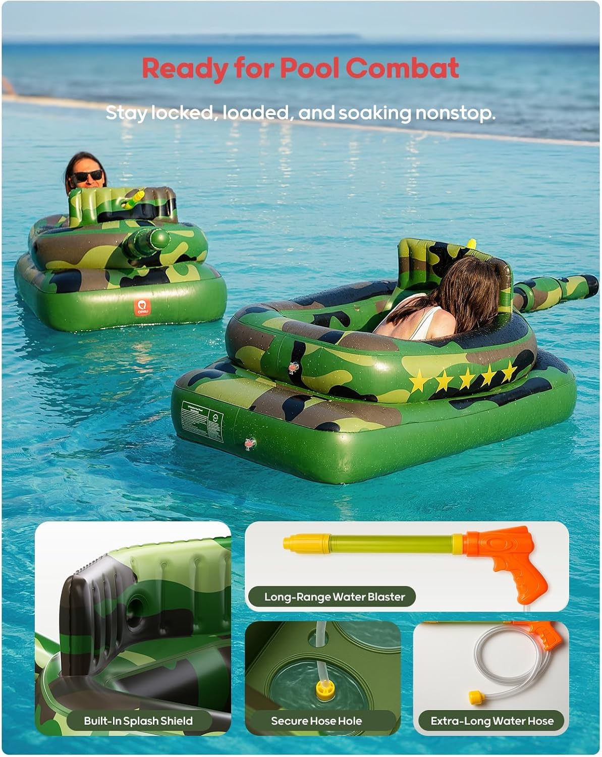 HotQPAU Inflatable Tank Pool Float for Adults & Kids – Ride-On Camouflage Floaty with Water Cannon, Swim Raft Toy for Boys Girls, Lake Beach Backyard Party Floaties