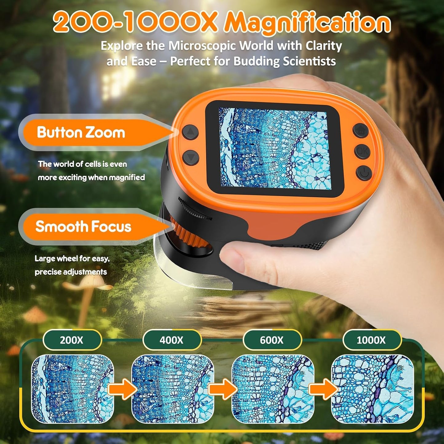 Hot1000X Handheld Microscope for Kids 4K 2.0" Screen Rechargeable Mini Pocket Digital Microscopes w/Slides Kit Portable Edu Gift Age 4-6 8-12 Children Students