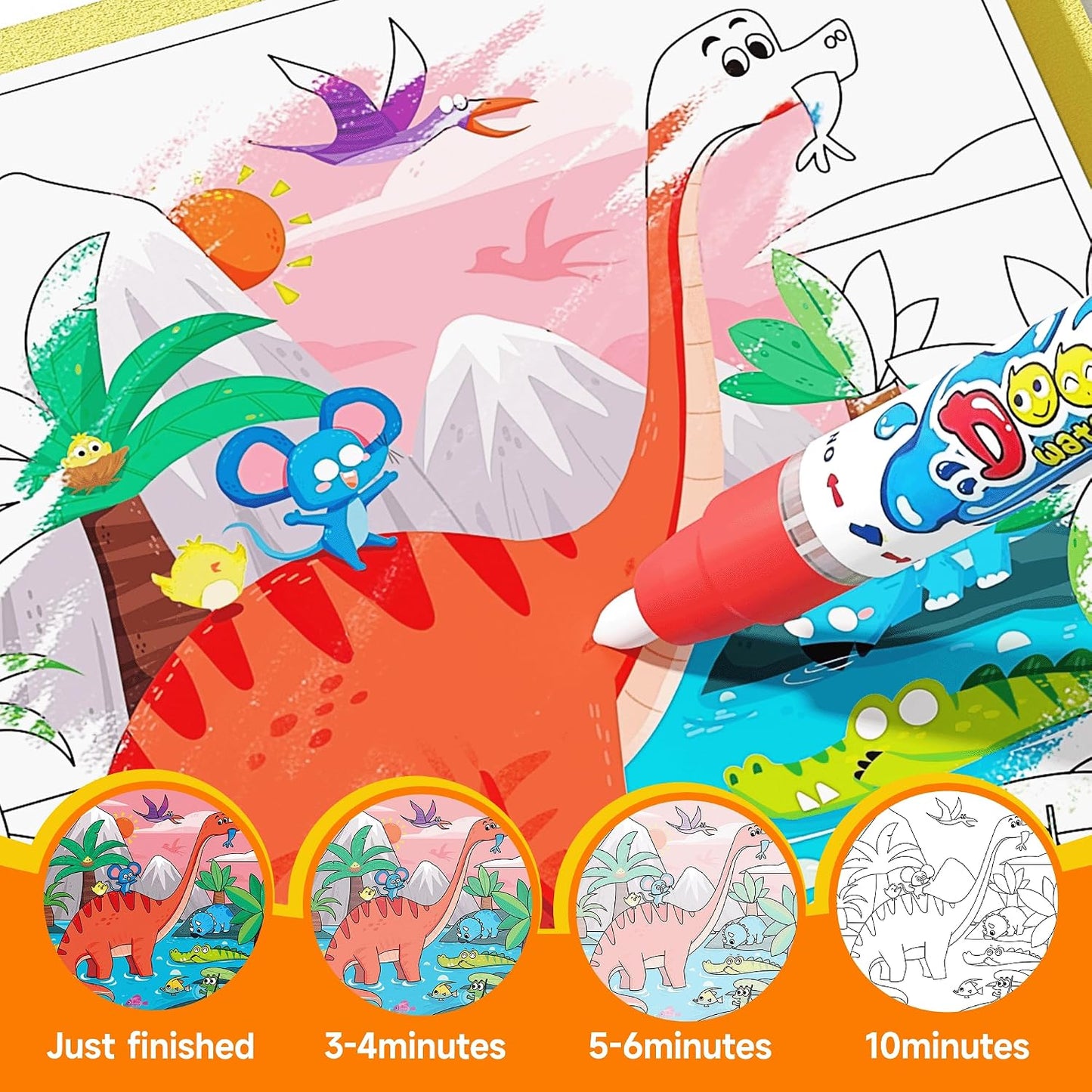 HotTimetome Reusable Water Painting Books for Kids – 3-Pack Magic Water Reveal Coloring Books with Water Pens (Fairy Tale, Animal & Dinosaur) No-Mess Coloring & Reusable Fun Travel Activity for Ages 3–6