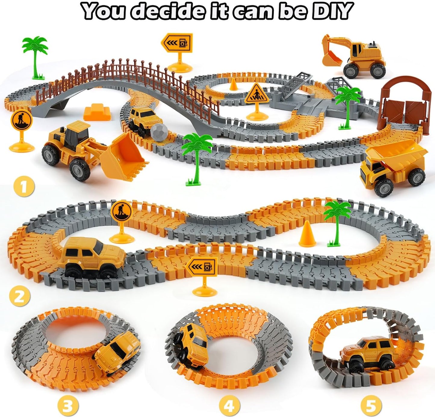 Hot Construction Race Car Track Set for Kids - Flexible Engineering Toys with 2 Electric Cars, Birthday Gift for 3 4 5 6 7 Year Old Boys, DIY Road Games Playset with 220+ PCS