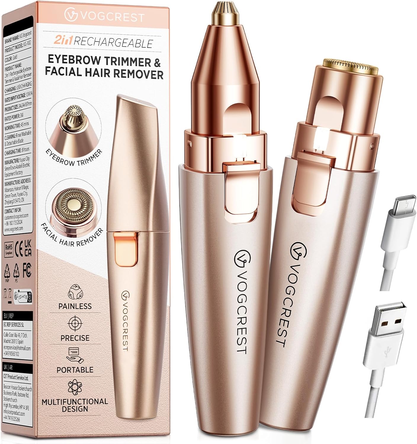 HotVG VOGCREST Eyebrow & Facial Trimmer: 2 in1 Rechargeable Facial Hair Removal & Eyebrow Shaver - Body Razor with Built-in LED Light (Rose Gold)