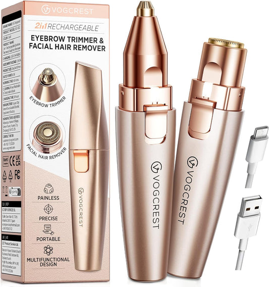 HotVG VOGCREST Eyebrow & Facial Trimmer: 2 in1 Rechargeable Facial Hair Removal & Eyebrow Shaver - Body Razor with Built-in LED Light (Rose Gold)