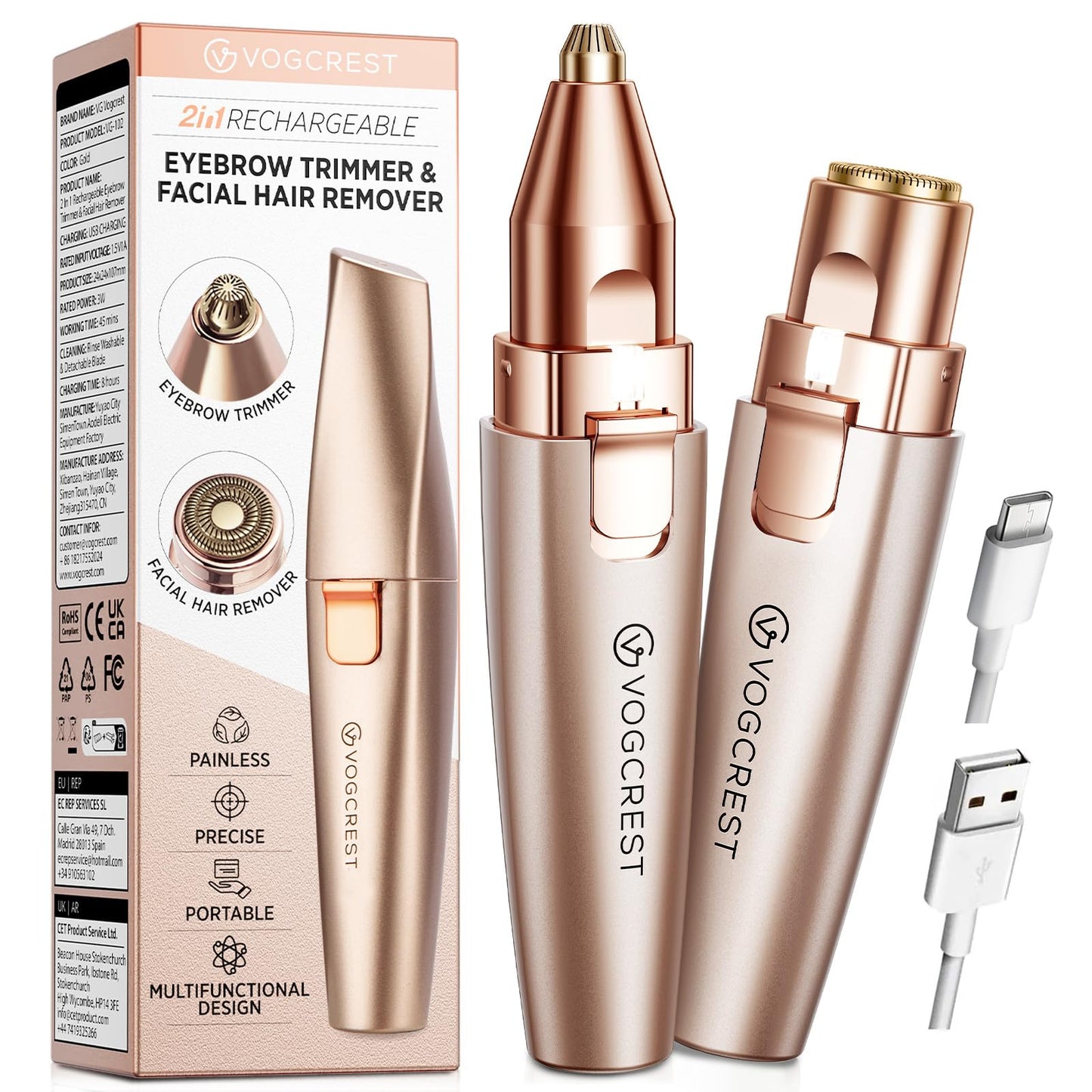 HotVG VOGCREST Eyebrow & Facial Trimmer: 2 in1 Rechargeable Facial Hair Removal & Eyebrow Shaver - Body Razor with Built-in LED Light (Rose Gold)