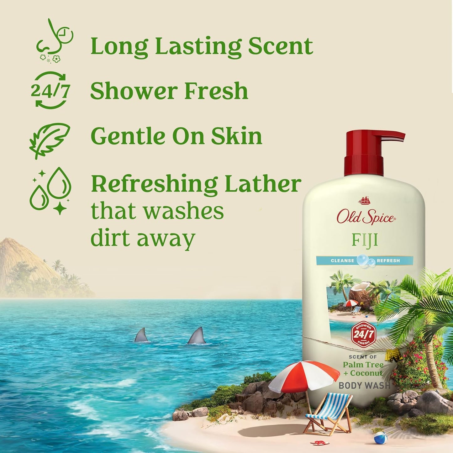 HotOld Spice Body Wash for Men, 24/7 Shower Fresh with Lasting Scent, Cleanse & Refresh, Gentle on Skin, Vitamin B3, Fiji with Palm Tree + Coconut Scent, 25 oz (Pack of 4)