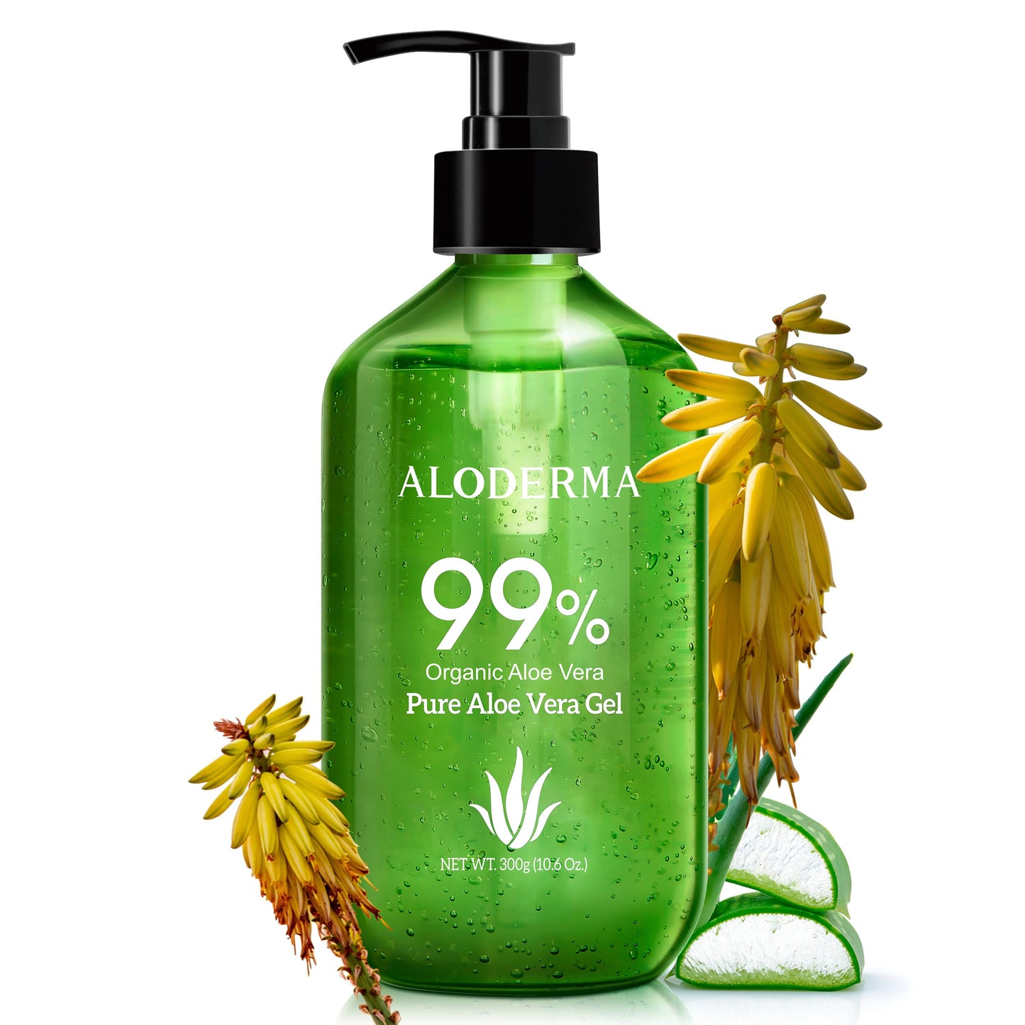 HotAloderma Aloe Vera Gel Made within 12 Hours of Harvest with 99% Pure Organic Aloe Vera - Pump Bottle - Ideal for Face and Body, Soothing & Hydrating Sunburn Relief, Great for Scalp & Hair - 10.6oz