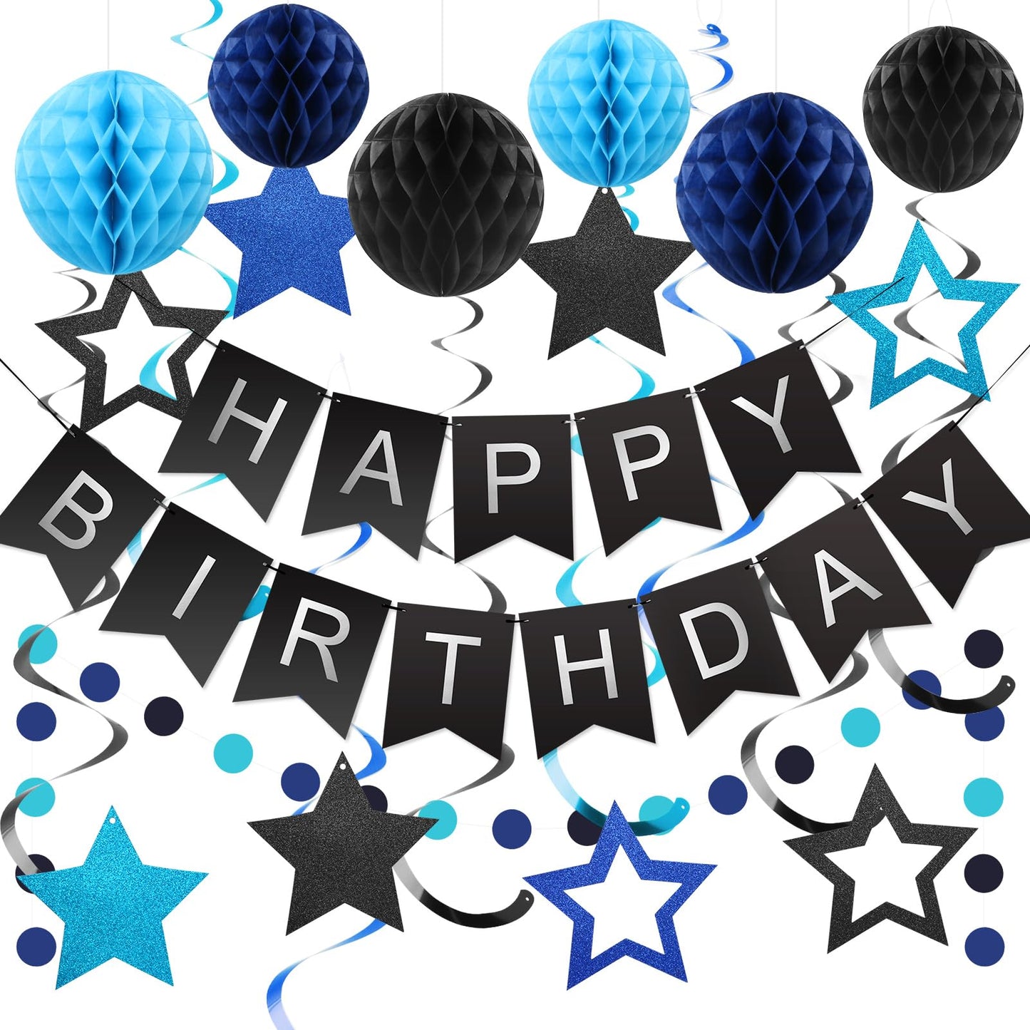 Hotmeowtastic Birthday Decorations Happy Birthday Banner with Honeycomb Balls | 16pcs Birthday Set: 1 Banner+6 Honeycomb Balls+8 Star Spirals+1 Circle Dots, Happy Birthday Decor - Blue