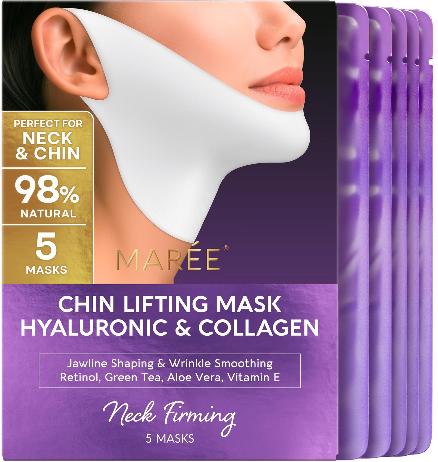HotMAREE V Line Lifting Mask with 24K Gold – Deep Collagen Face Mask for Women – Jawline Shaper Mask with Retinol & Hyaluronic Acid – Neck Tightening & Firming - Double Chin Strap for Face Lift