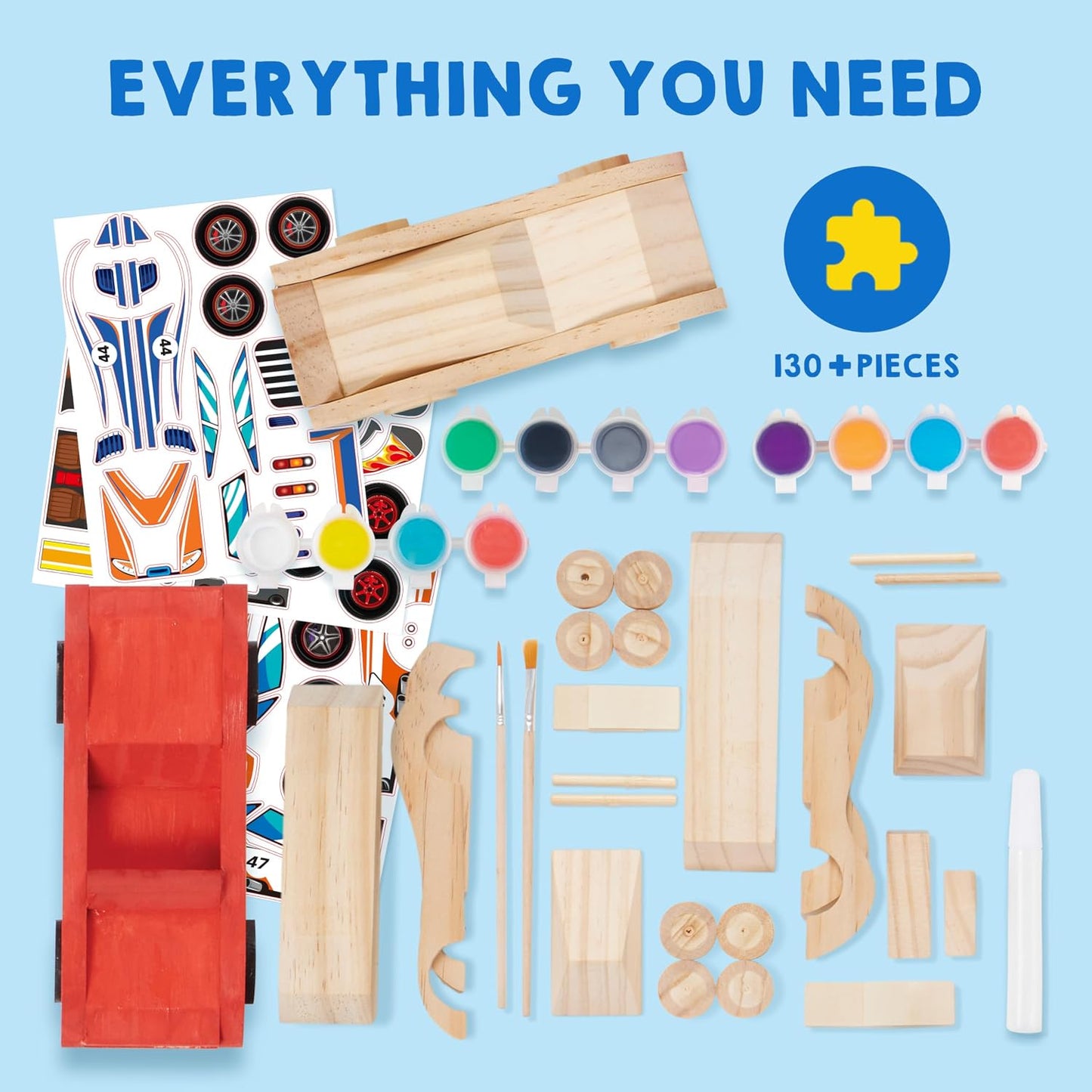 HotKlever Kits 4 DIY Wooden Race Cars-Build & Paint Your Own Wood Craft Kit, 4 Race Cars Toy, Easy to Assemble Arts Crafts Kit, Birthday Party Presents for Kids Boys and Girls