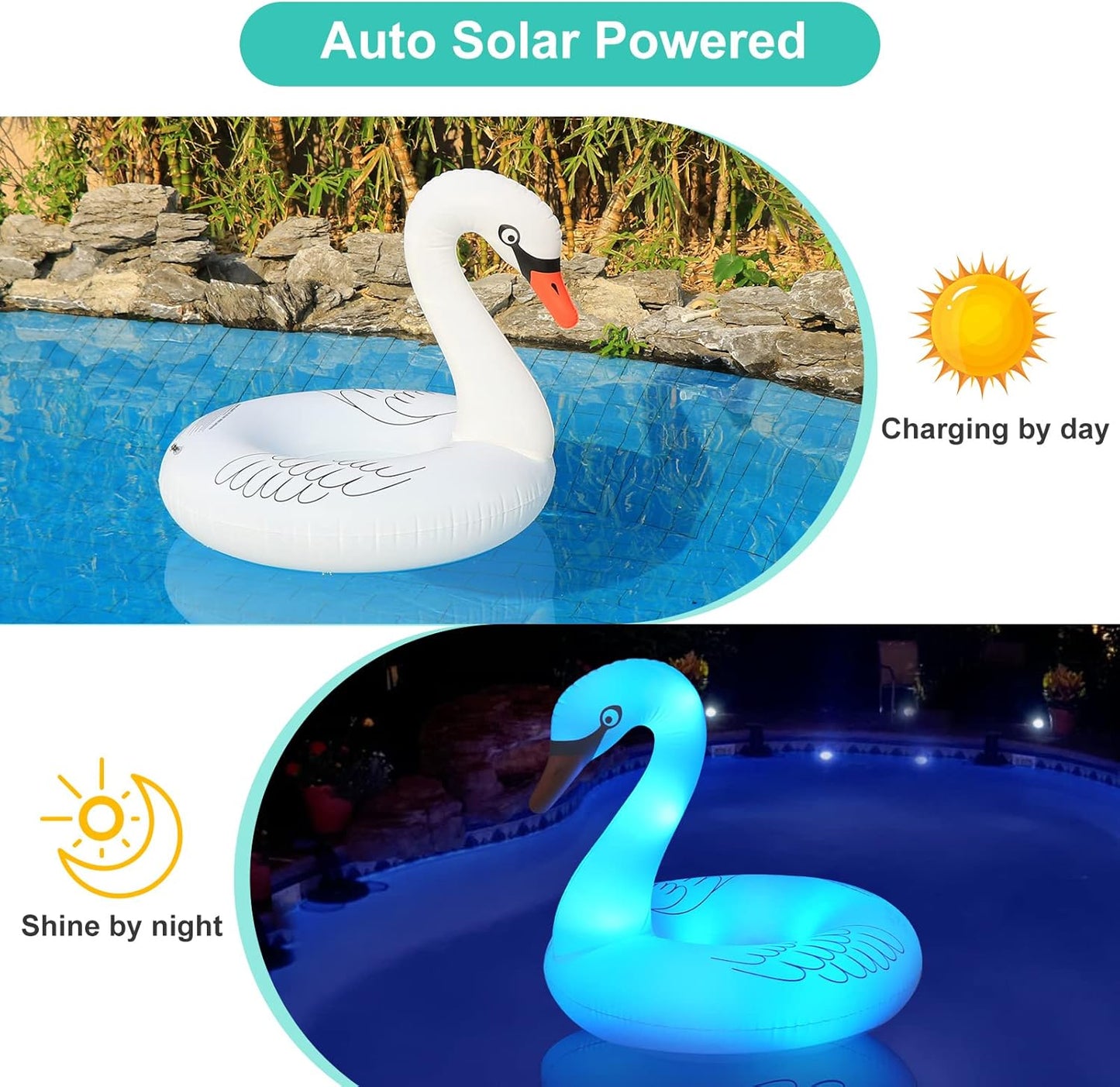 HotInflatable Swan Pool Float with Colorful Lights, FlyfreeU Solar Powered LED Color Changing Swan Swim Tube Rings, 42'' Large Pool Beach Floaties Lake and Beach Floaty Pool Raft Lounge for Adults Party