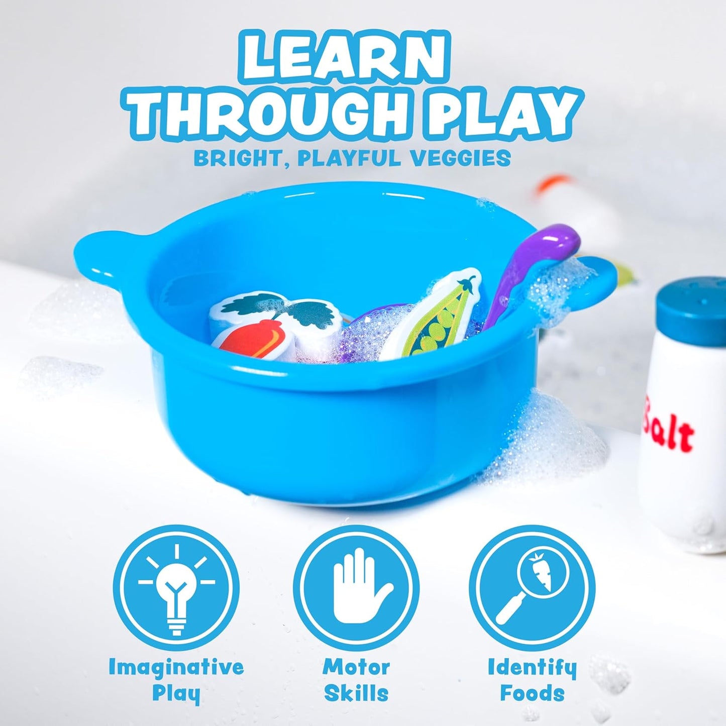 HotTub Works® Tub Soup™ Scoop, Strain & Play Toddler Bath Toy | Floating Foam Veggies, Ladle for Scooping & Soup Pot for Straining | Pretend Play Cooking Kids Bath Toys | Creative Bathtub Toys