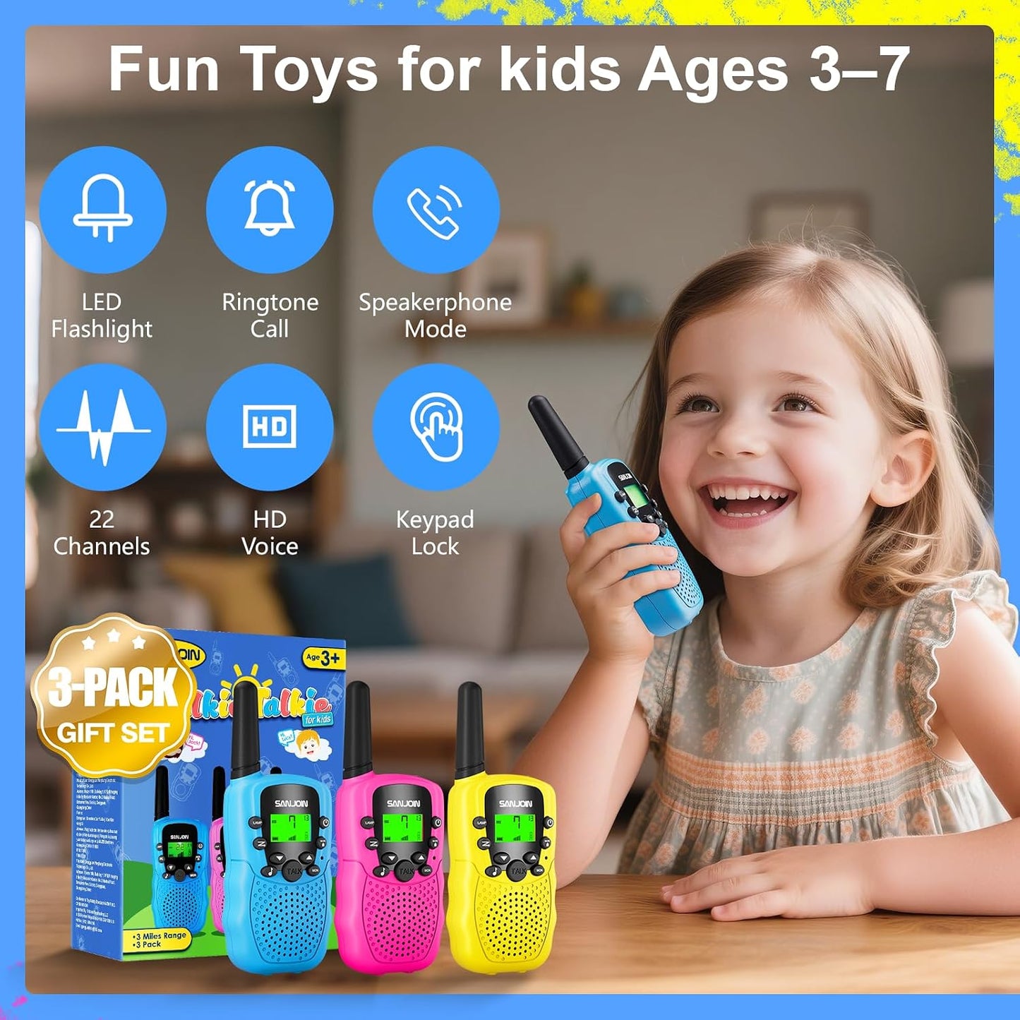 HotWalkie Talkies for Kids Games Outdoor Toys for 3-12 Year Old Boys Girls, 3 Miles Long Range Walkie Talkie to Camping Hiking, 4 Year Old Girl Birthday Gifts for 3 4 5 6 7 8 9 Year Old Boy Girl Gift