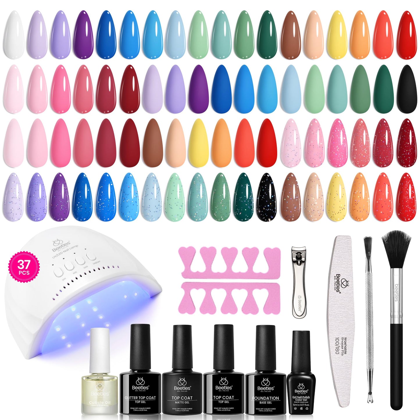 HotBeetles Fall Gel Polish Set - Fingertip Palette, 32 Colors Polish Set with Base Top Coat Pink Red Blue Purple Brown Yellow Green Black White UV LED Lamp Nails Gifts for Women | With Base Gloosy Matte Glitter Top Coat, Pink Red Blue Purple Brown Yellow