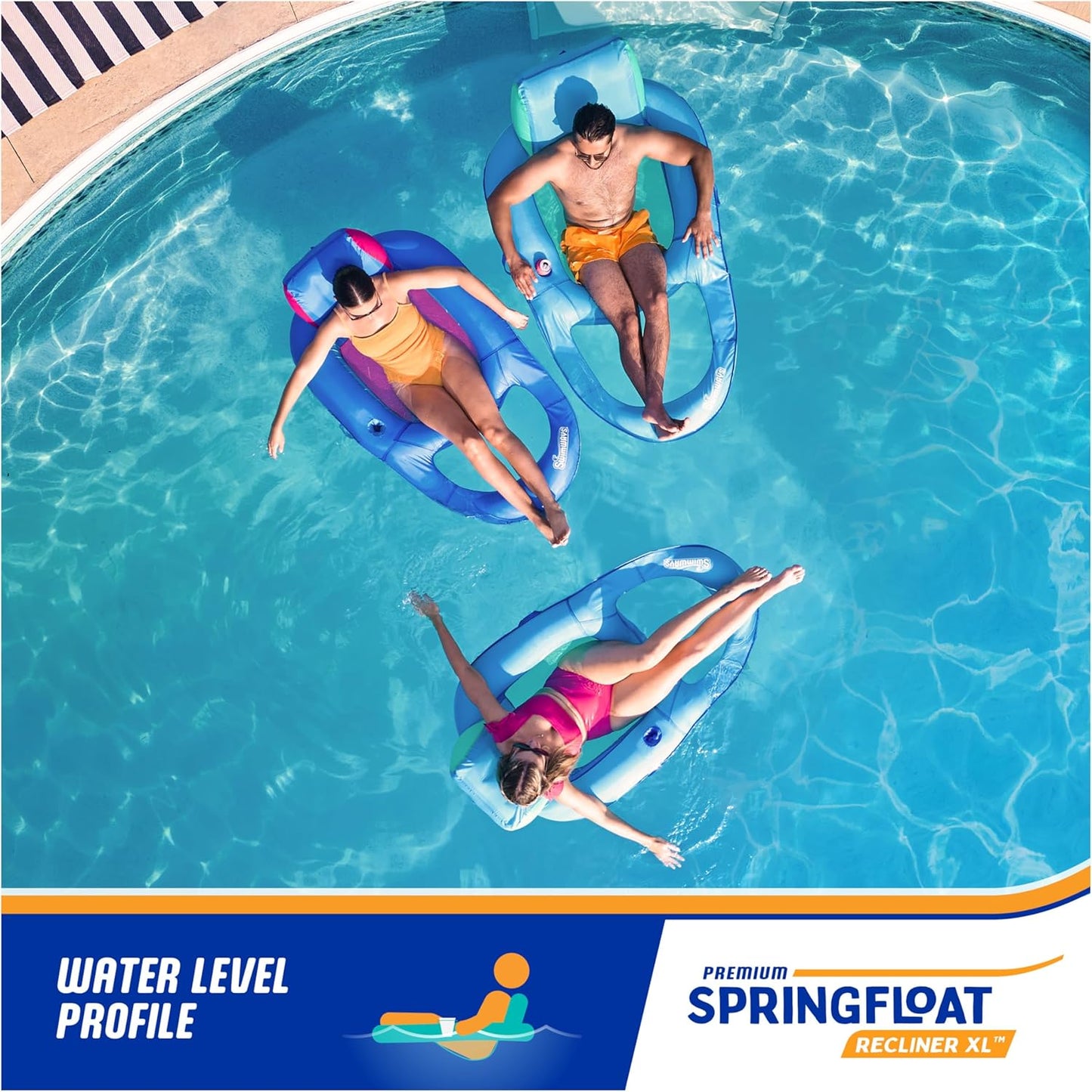 HotSwimWays Spring Float XL Recliner Chair for Swimming Pool, Inflatable Pool Floats for Adults and Teens with Fast Inflation, Cup Holder & Foot Rest, Supports Up to 250 lbs.