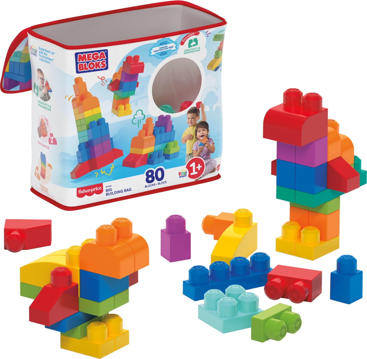 HotMEGA BLOKS First Builders Toddler Blocks Toys Set, Big Building Bag Collection with 80 Pieces and Storage, Pink, Ages 1+ Years