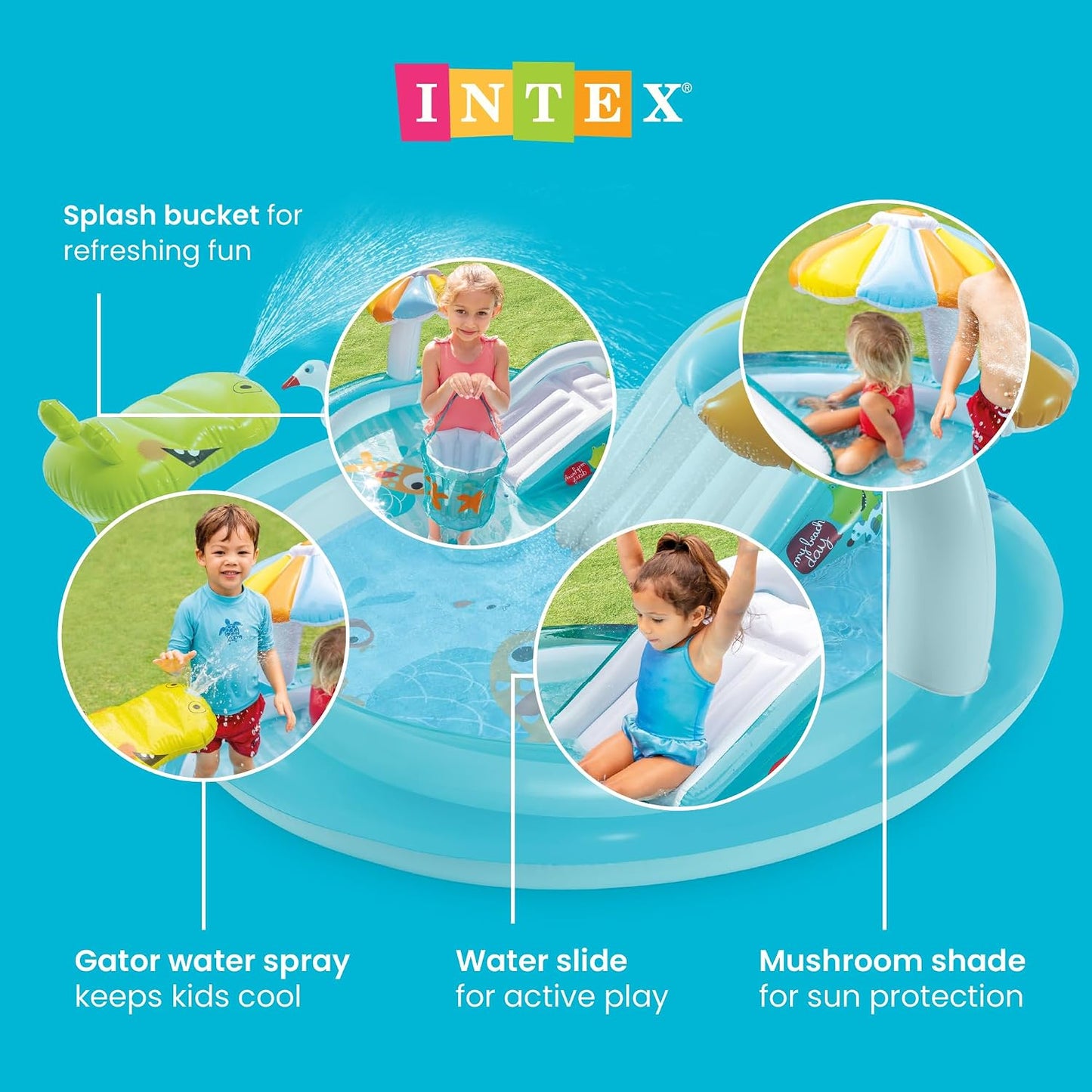 Hot INTEX Gator Inflatable Kiddie Pool: Inflatable Kids Pool with Water Sprayer and Slide – Splash Pad – 79" x 67" x 33" – Ages 3+