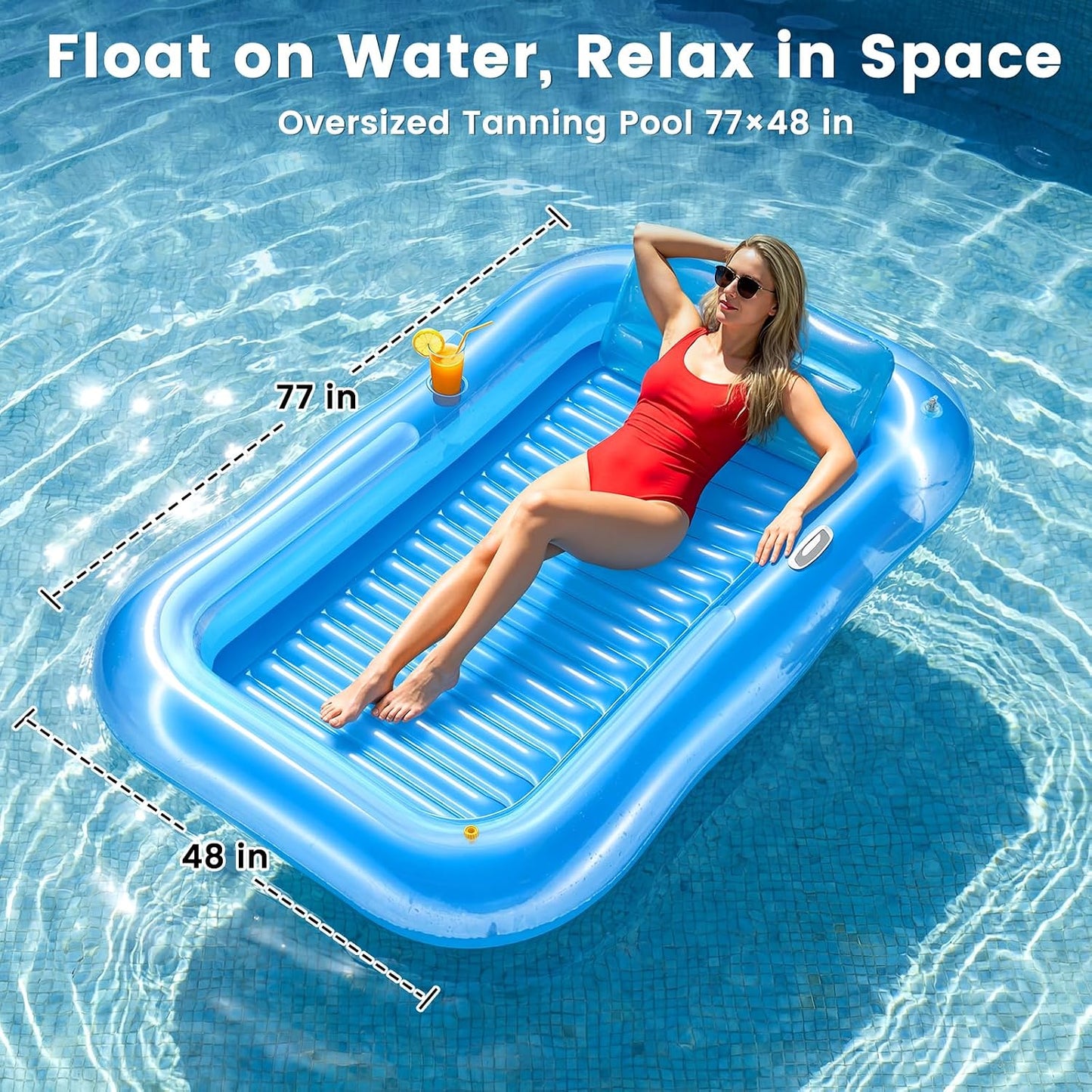 HotInflatable Tanning Pool Lounger Float with Sprinkler, 77" x 48" XL Tanning Pool for Adults with Pillow & Cup Holder, 6 in 1 Suntan Tub Sunbathing Bed Pool Floats Adult for Backyard, Beach & Lake