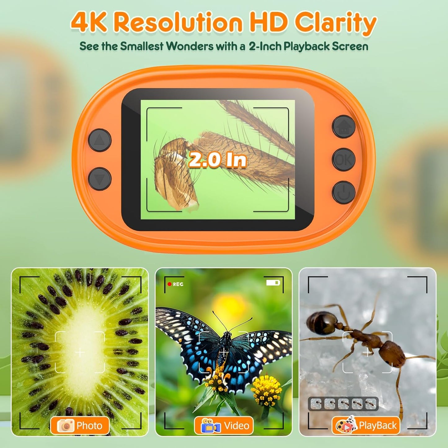 Hot1000X Handheld Microscope for Kids 4K 2.0" Screen Rechargeable Mini Pocket Digital Microscopes w/Slides Kit Portable Edu Gift Age 4-6 8-12 Children Students