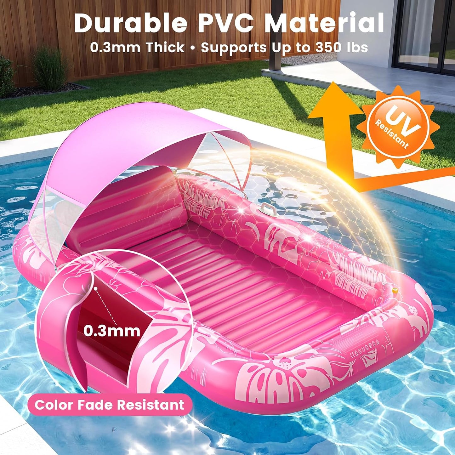Hot Inflatable Tanning Pool Lounger Float with Sprinkler & Canopy UPF50+, 77" x 48" Extra Large Tanning Pool Float for Adults, Sunbathing Water Lounge Bed with Pillow & Cup Holder for Backyard & Pool