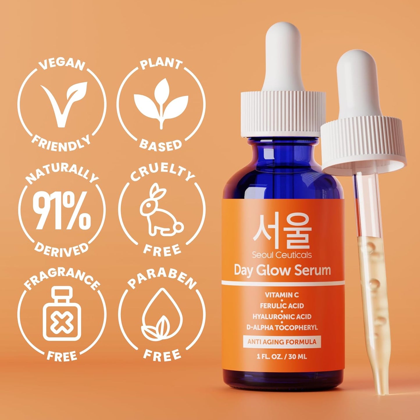 HotSeoulCeuticals Korean Skin Care 20% Vitamin C Hyaluronic Acid Serum + CE Ferulic Acid - Potent Anti Aging, Anti Wrinkle Korean Beauty 1oz