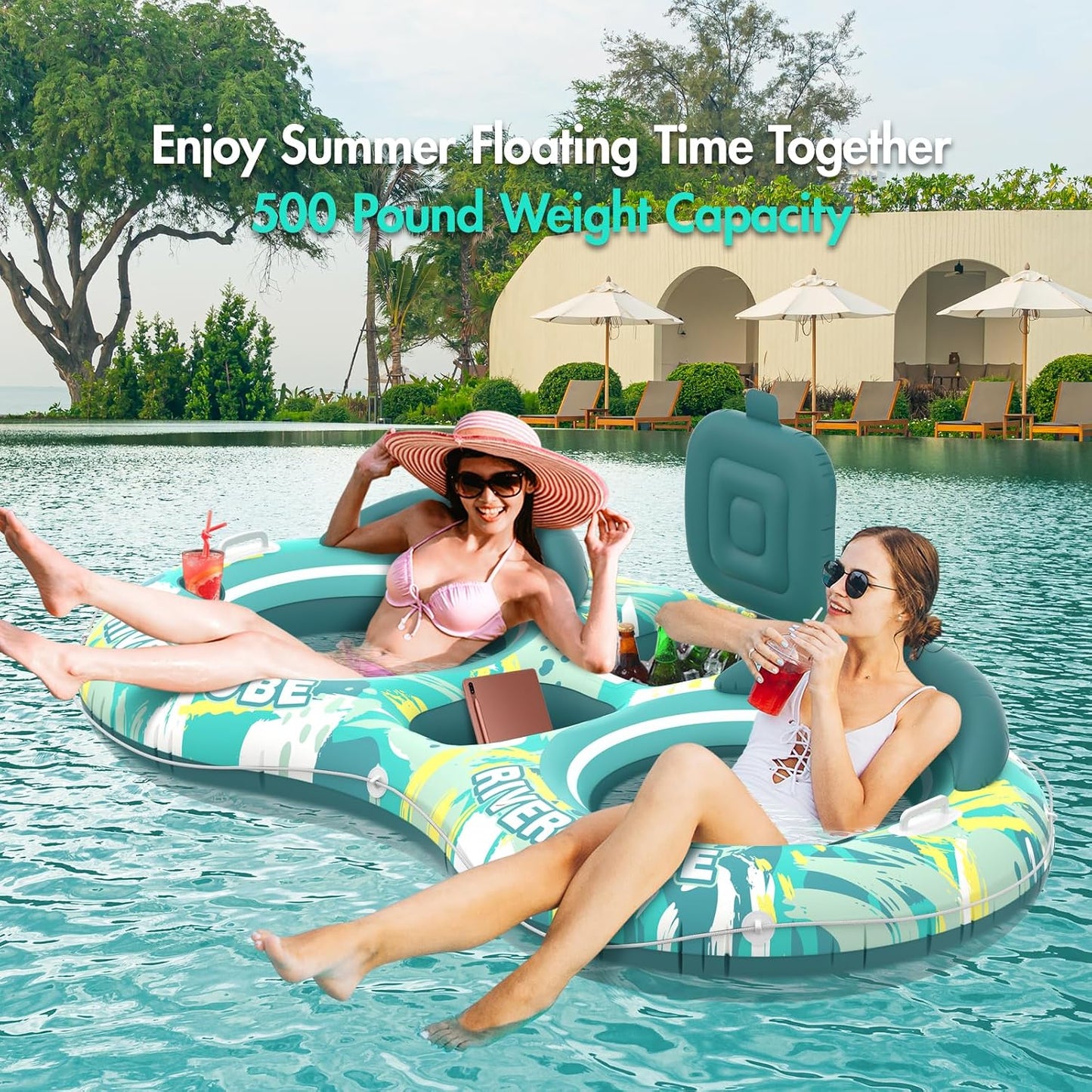 Hot Sunikko X 5-in-1 Pool Floats Adult Heavy Duty River Tube, 2 Person Water Lounge Tanning Pool with Backrests, Built-in Cooler, Cup Holders, Deluxe Pool Toys for Summer Relaxation