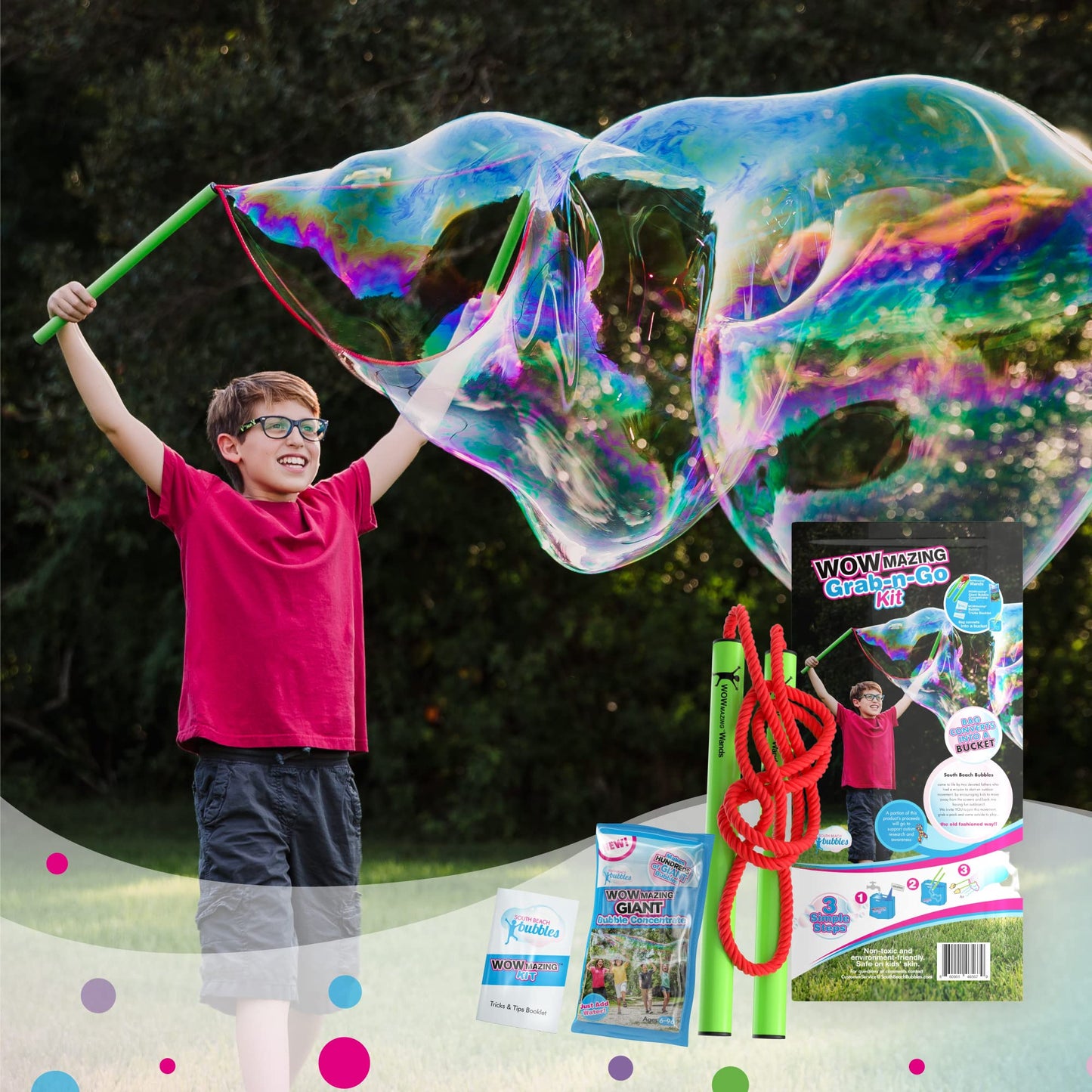 Hot WOWmazing Giant Bubble Wands Kit: (4-Piece Set) | Incl. Wand, Big Bubble Concentrate and Tips & Trick Booklet | Outdoor Toy for Kids, Boys, Girls | Bubbles Made in The USA