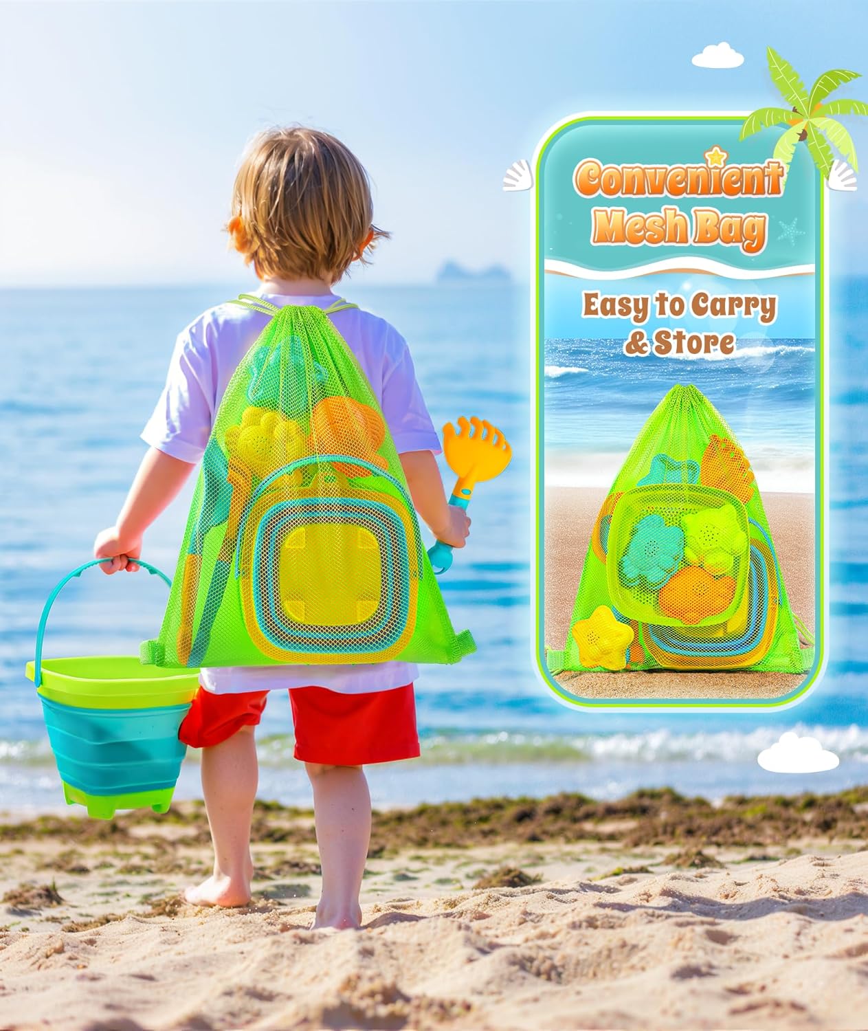 HotDUDUCOFU Collapsible Beach Sand Toys for Kids Toddlers, Collapsible Sand Bucket with Sifter Shovels Set with Mesh Bag and Sand Molds, Travel Beach Sandbox Toys for Boys Girls 3 4 5 6 7 8 9 10